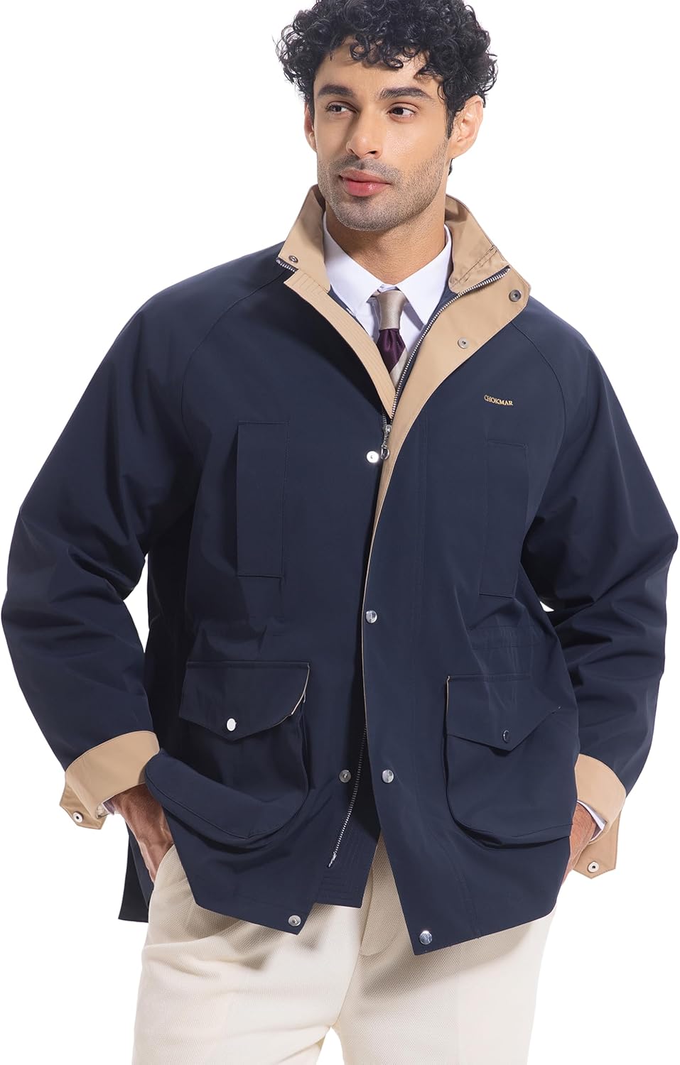 Classic Retro Men's Hunting Jacket Navy Blue with Khaki Trim Windproof and Rainproof Drawstring Waist