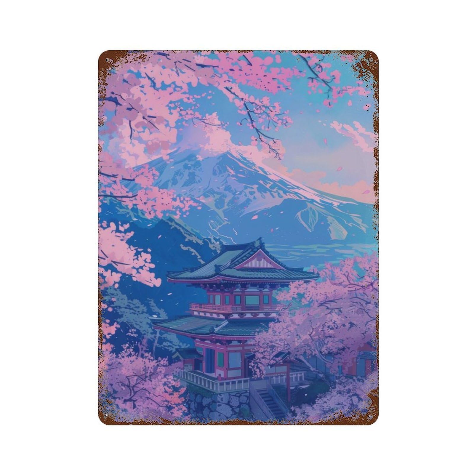 Sakura Mountain Painting Rustic Tin Plaque 15.7"x11.8", for Living Room, Hallway And Home Decor, Decorative Metal Wall Art