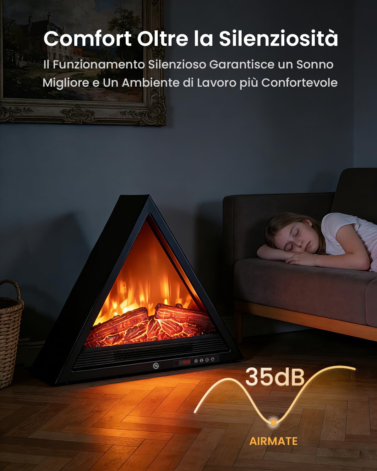 AIRMATE Camino Elettrico Triangolare, 1800W Caminetto Elettrico con Riscaldamento, Effetto Fiamma 3D, Camino Elettrico 4 colori di fiamma, Camino con telecomando, Stufa Elettrica 24H Timer