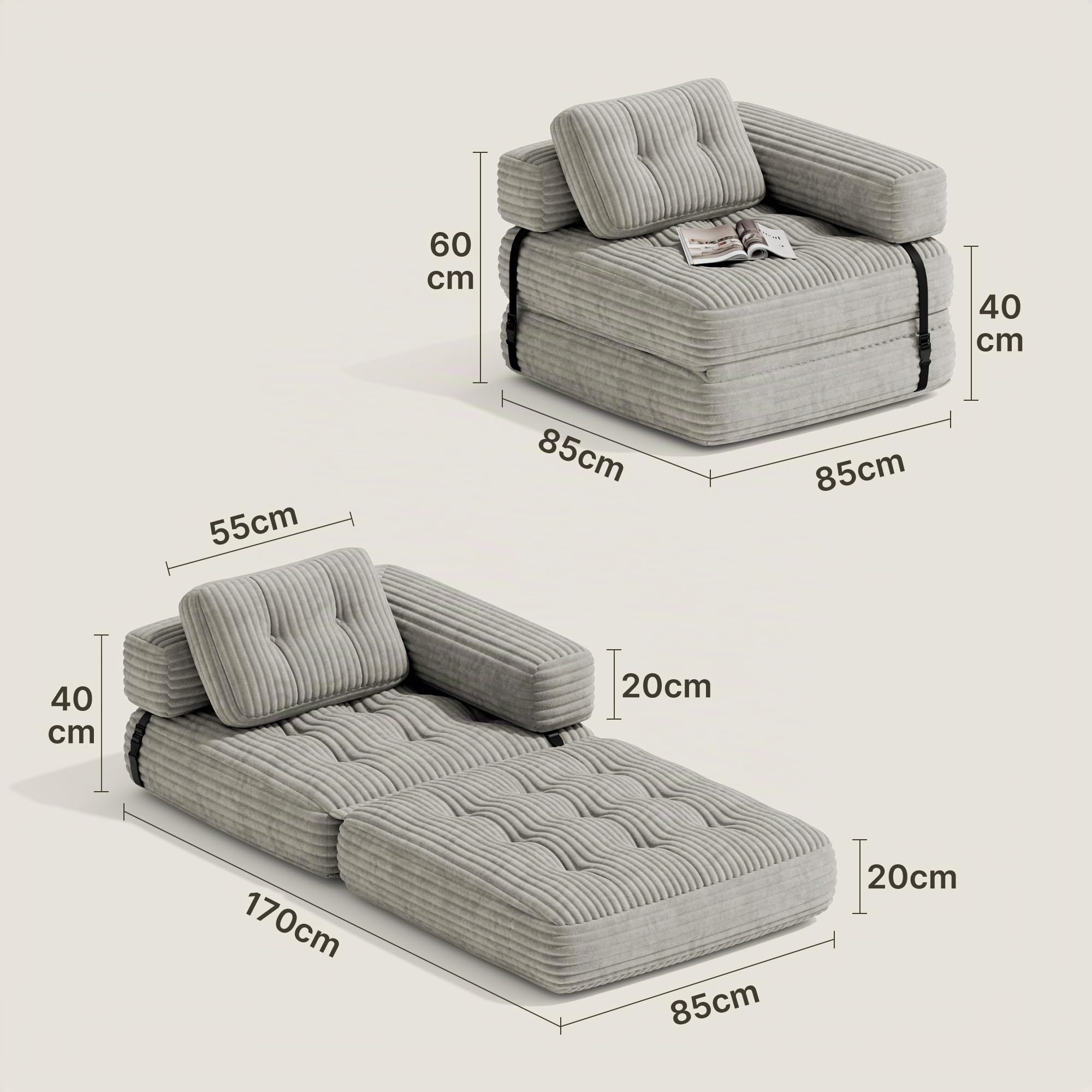 Xbro Divano Letto Pieghevole Singolo Compatto in Velluto a Coste con Poggiatesta a L, Poltrona Letto Salvaspazio per Soggiorno Ufficio Ospiti, 85x85-170x85 cm, Grigio Chiaro