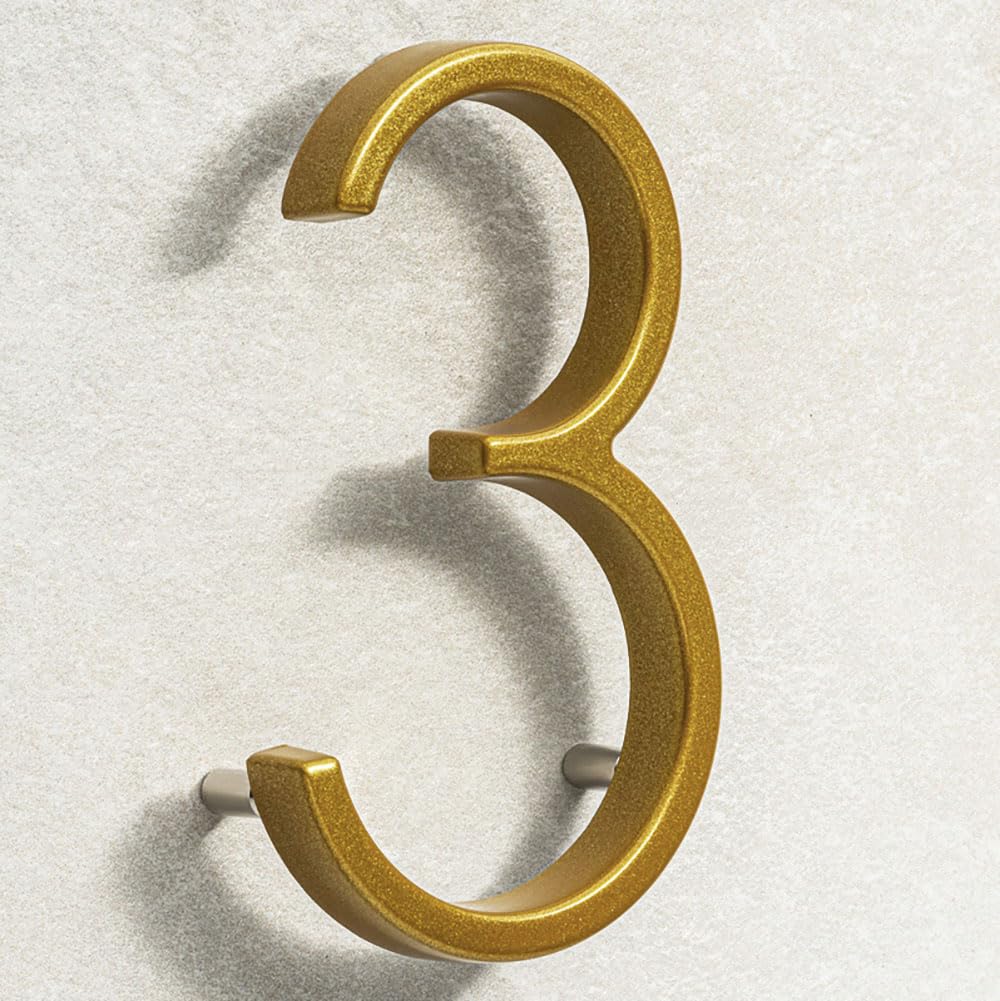 House Signs Direct | Modern Floating 3D Gold Metal House Numbers 5 Inch | Stylish Front Door Numbers with Waterproof Zinc Alloy Finish | Easy Install Door Number Sign for Wall or Gate - Number 3