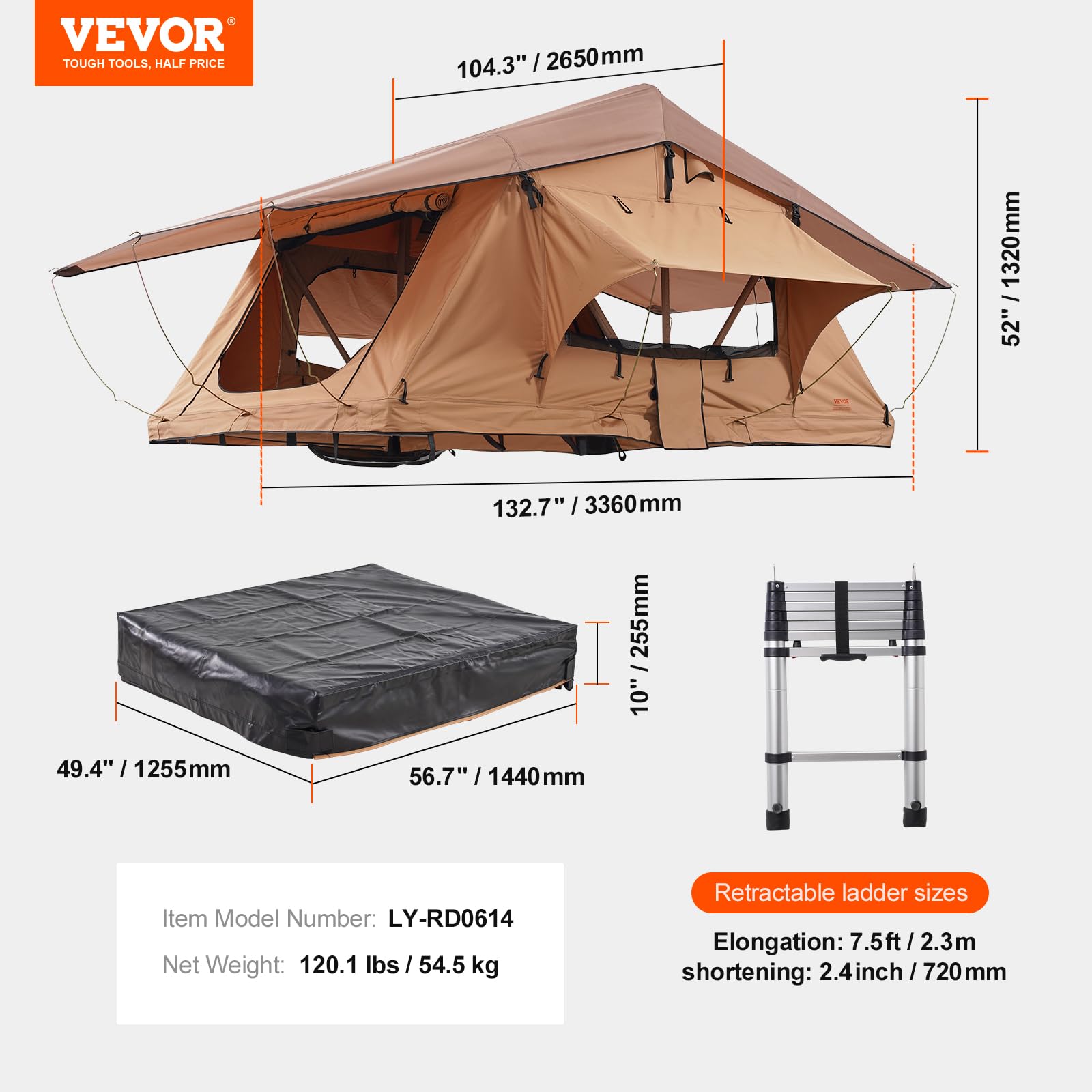 VEVOR Tenda da tetto per 2-3 persone, tenda da campeggio pieghevole impermeabile con scala telescopica, materasso e copertura in PVC, per Jeep SUV, pickup, camion, auto, viaggi
