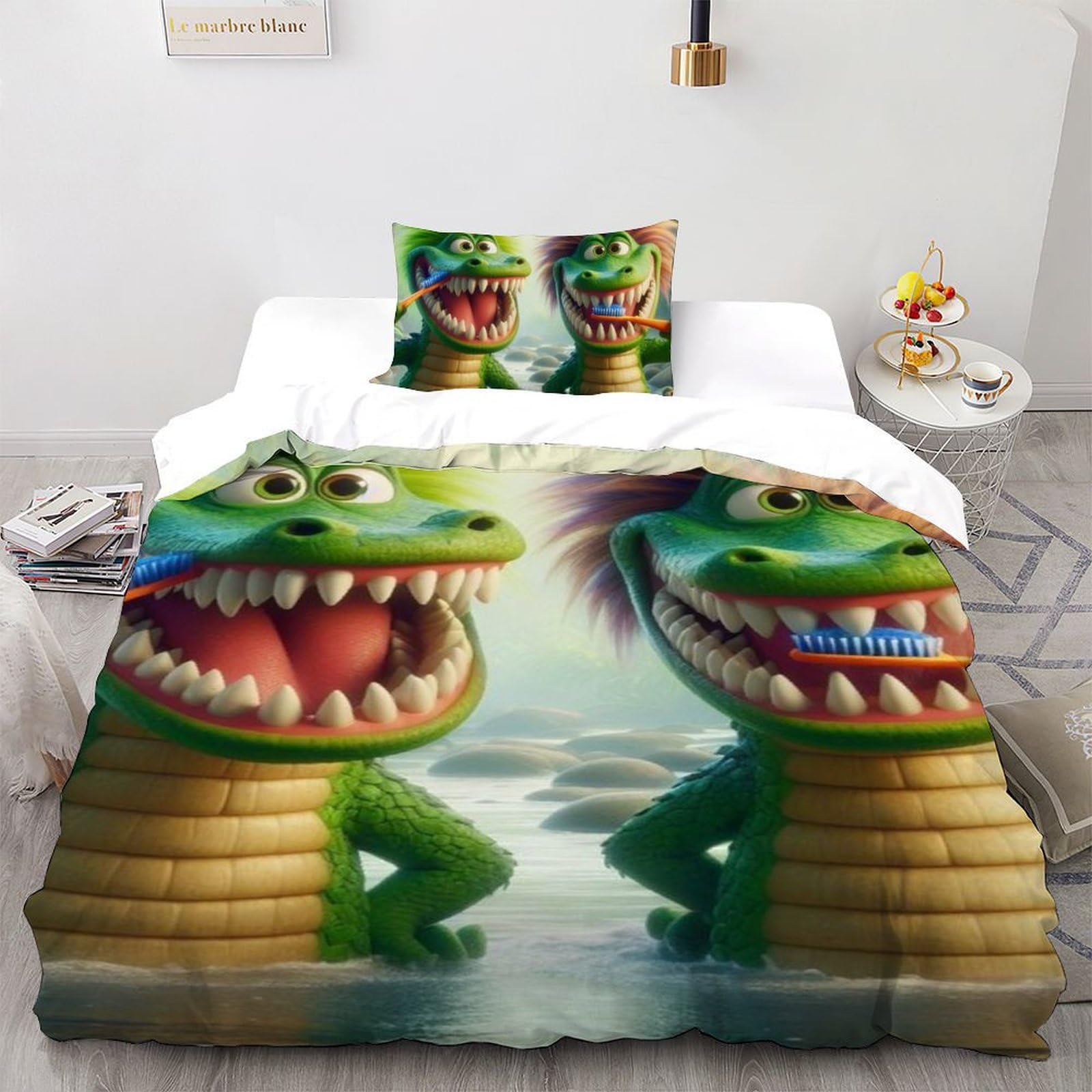Housse de couette single crocodile lit enfant 135x200cm avec taie d'oreiller microfibre