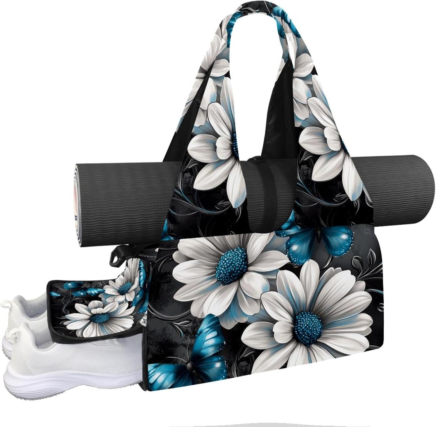 Yoga Mat Bag, Gym Workout Bag with Shoe Compartment, Rustic Daisies Butterfly Pilates Bag for Women, Quick Access Storage Yoga Tote Bag for Sports Travel Office