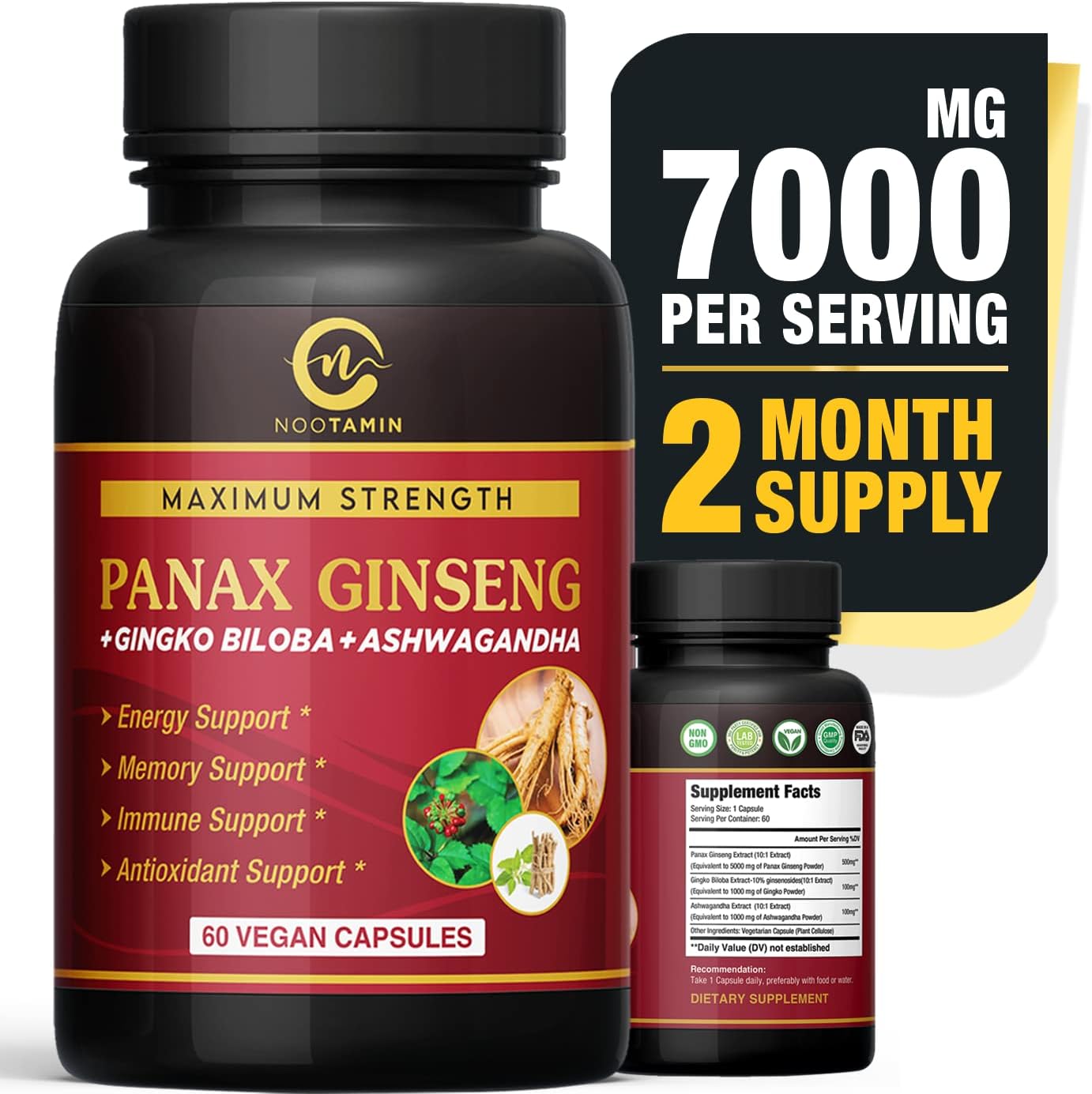 Nootamin Naturals Authentic Korean Red Panax Ginseng 7000mg + Ginkgo Biloba + Ashwagandha for Energy, Strength, Focus, Memory for Men and Women 60 Vegan Capsules