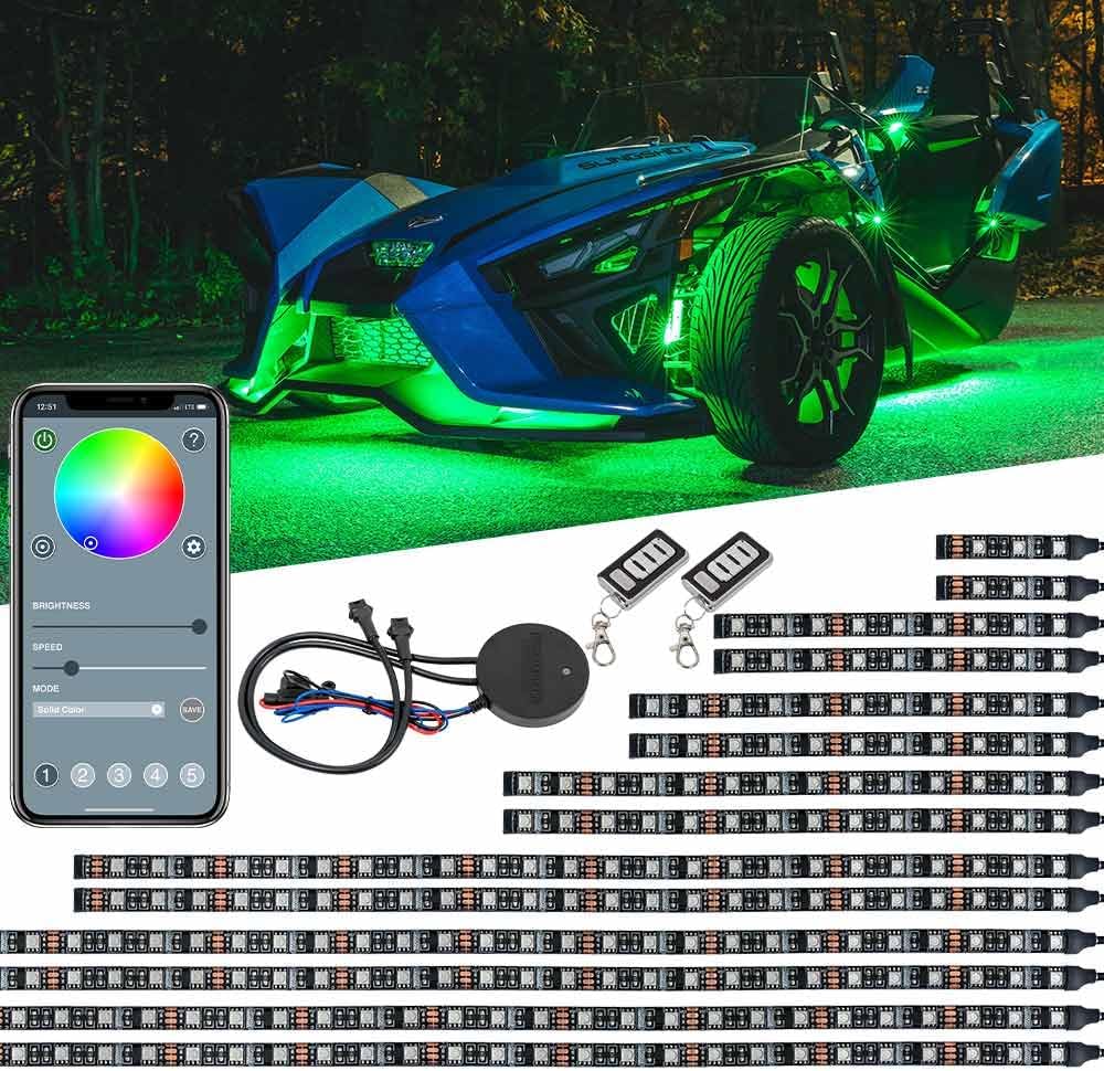 LEDGlow 20pc Bluetooth Advanced Million Color LED Neon Underlow Lighting Kit Fits Polaris Slingshot - Motorcycle Smartphone App - Automatic Brake Lights - Waterproof Control Box - Flexible Strips