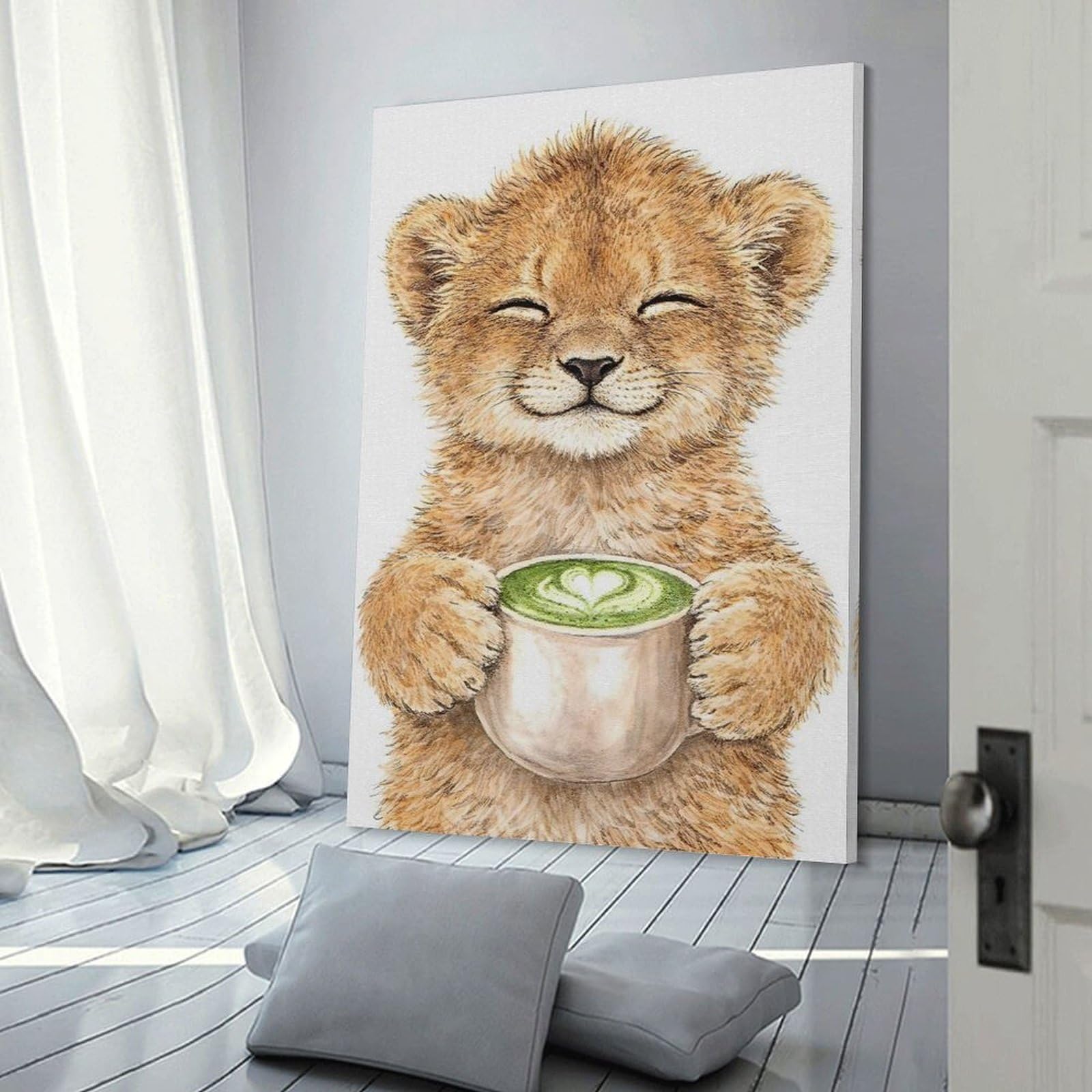 Junmoney Cute Lion Cub with Matcha Latte Wall Decor Canvas Print 24x36inch(60x90cm), for Sofa Walls, Lounge Or Home Corners, Modern Wall Decor for Cosy Interiors