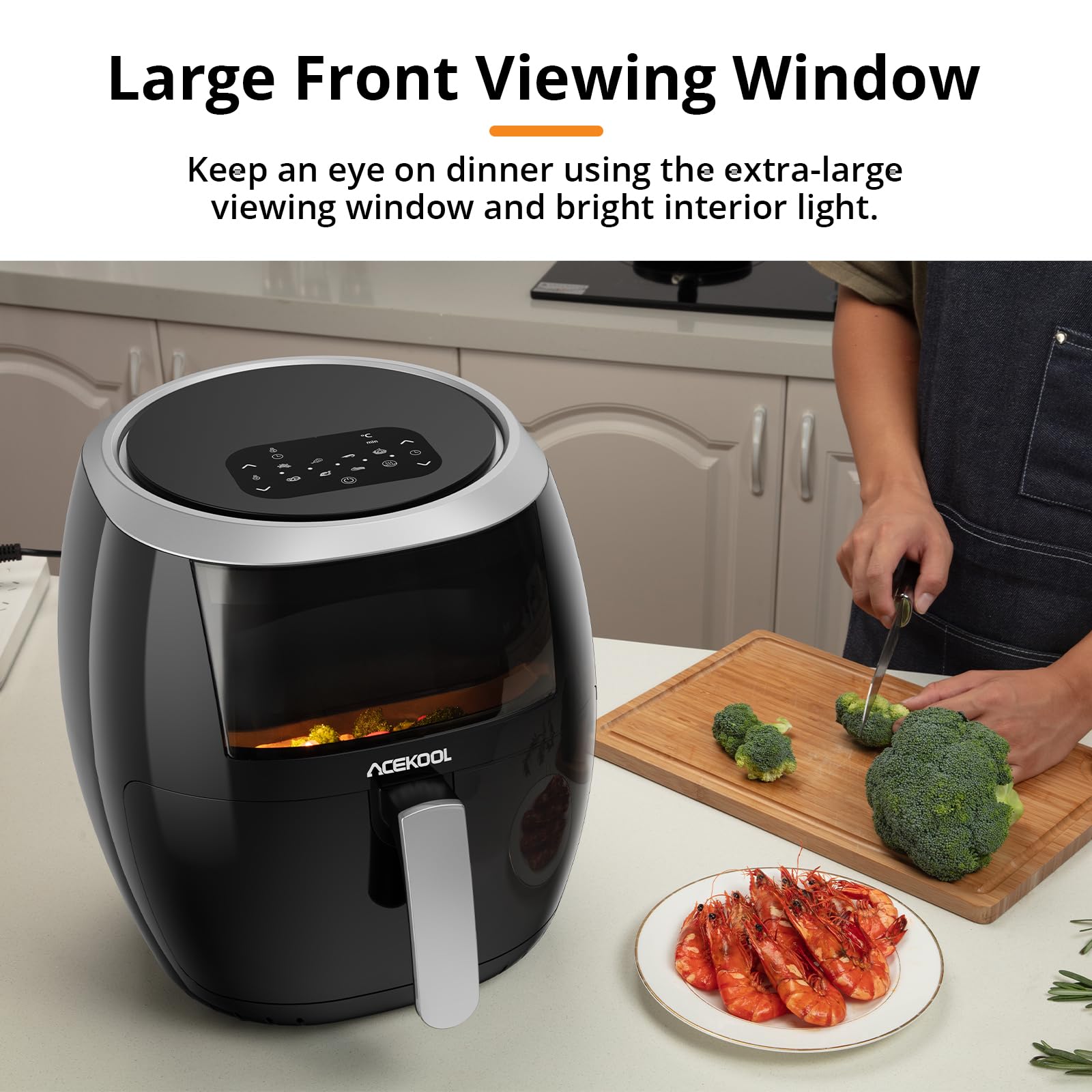 7,7L XXL Heißluftfritteuse mit 8 Programmen Luftfritteuse Airfryer 1800W Beleuchtetes Sichtfenster Digitaldisplay 80% Weniger Fett Einstellbare Temperatur 80-200°C Mit Rezeptbuch Deutsch