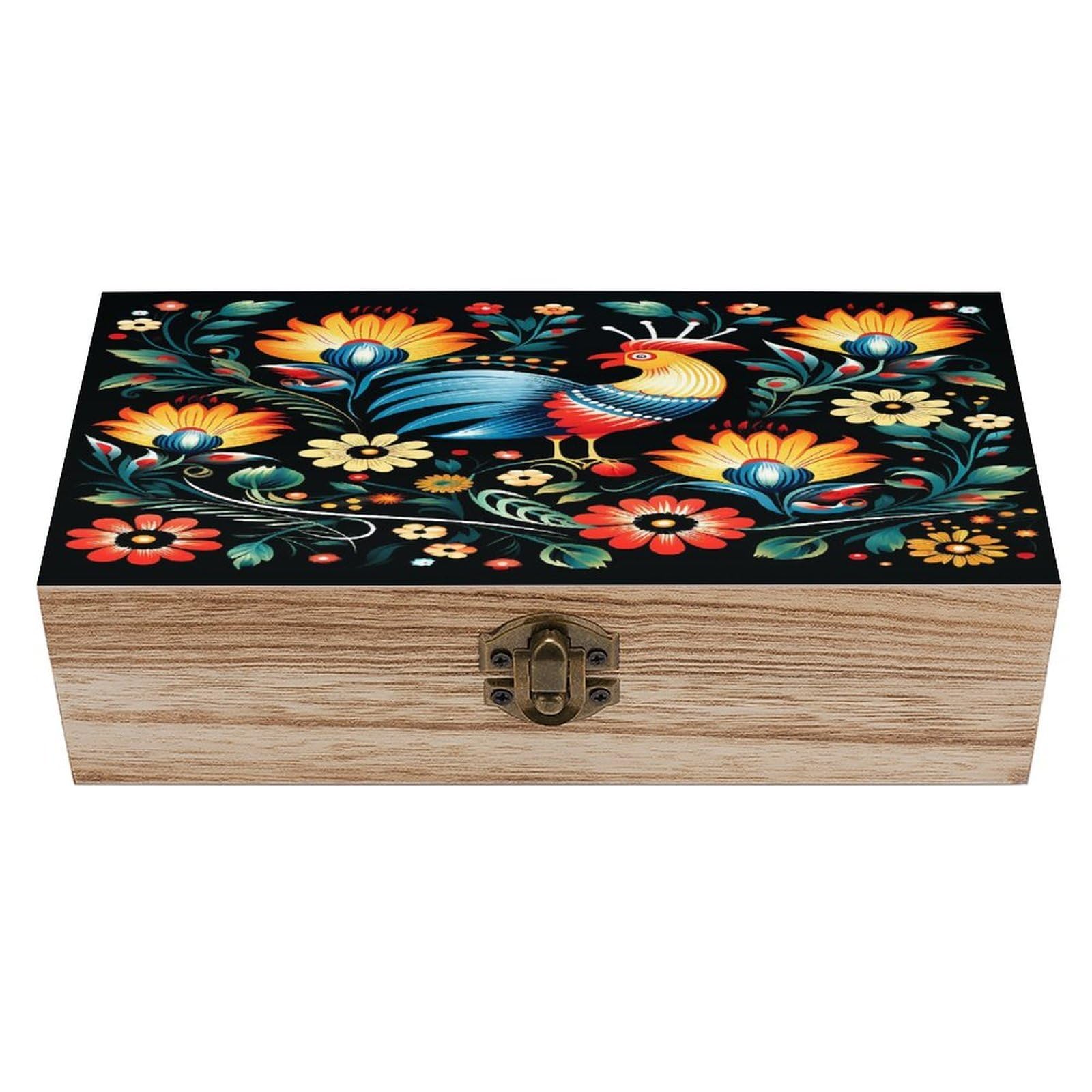 VstaDank Polish Folk Art Pattern Wooden Box with Hinged Lid Handmade Wooden Jewelry Boxs Organizer Personalized Woodens Keepsake Box for Pictures Wedding Photo Jewelry Decorative Chest Rustic Crate
