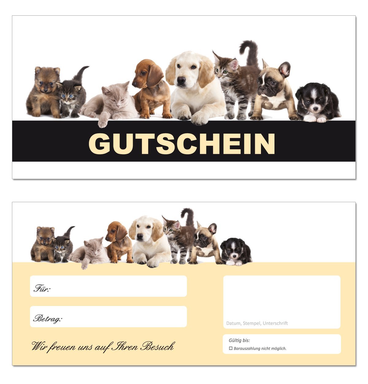 200 Geschenkgutscheine (Tiere-663) - Ein schönes Produkt für Ihre Kunden Gutscheine Gutscheinkarten für Bereiche wie Geschenke, Geburtstag, Freizeit, Erholung, Hunde, Katzen, Tiernahrung, Futter, Tierfriseur