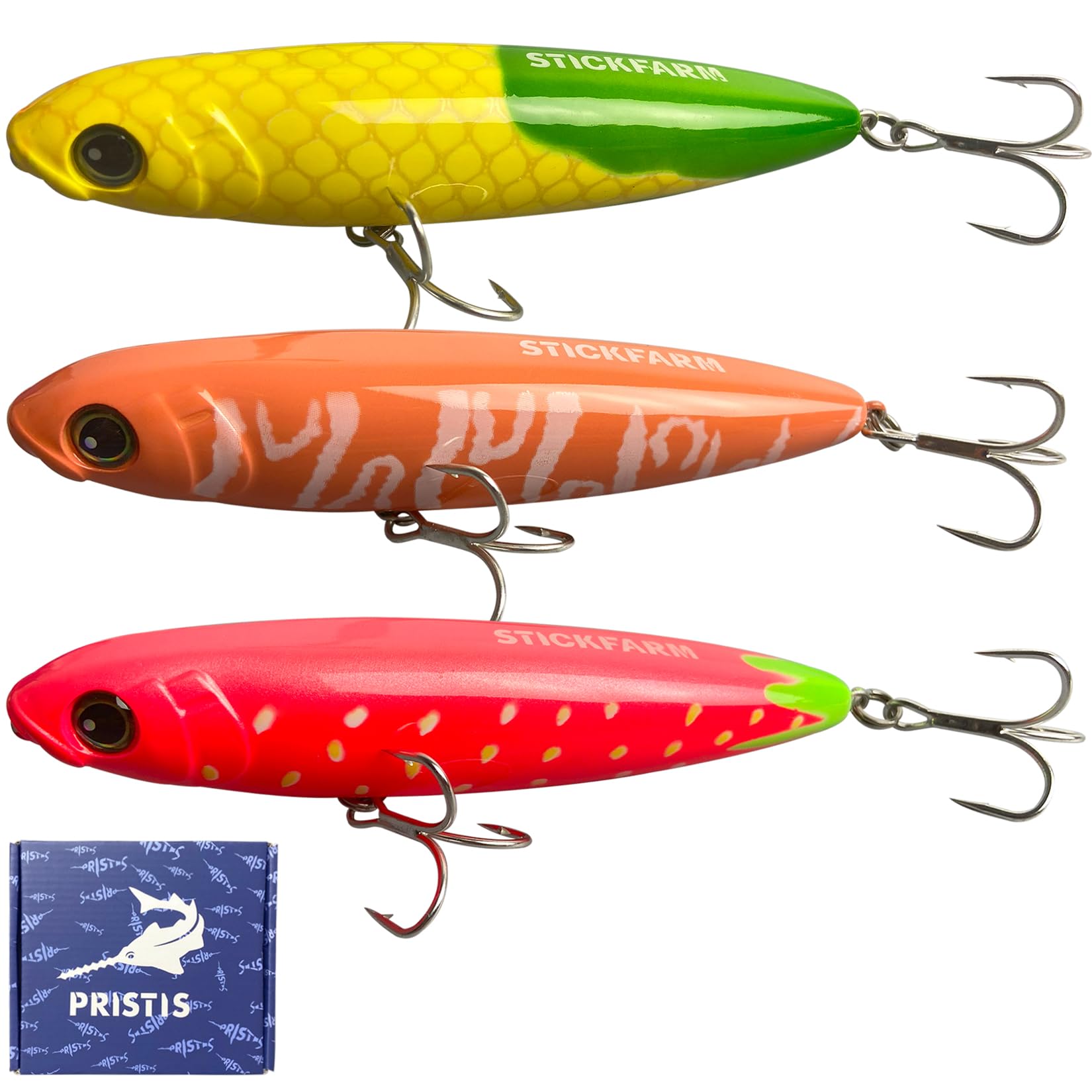 Pristis StickFarm - 3 piezas de palitos flotadores, señuelos de pesca de lubina de agua salada y agua dulce, con revestimiento delicado y ganchos de calidad, regalos creativos de pescador, caminantes