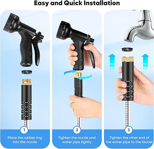 Miniatura 7 de Manguera de jardín de 50 pies, manguera de agua de acero inoxidable de metal con boquillas de 10 funciones, sin torceduras, manguera flexible,