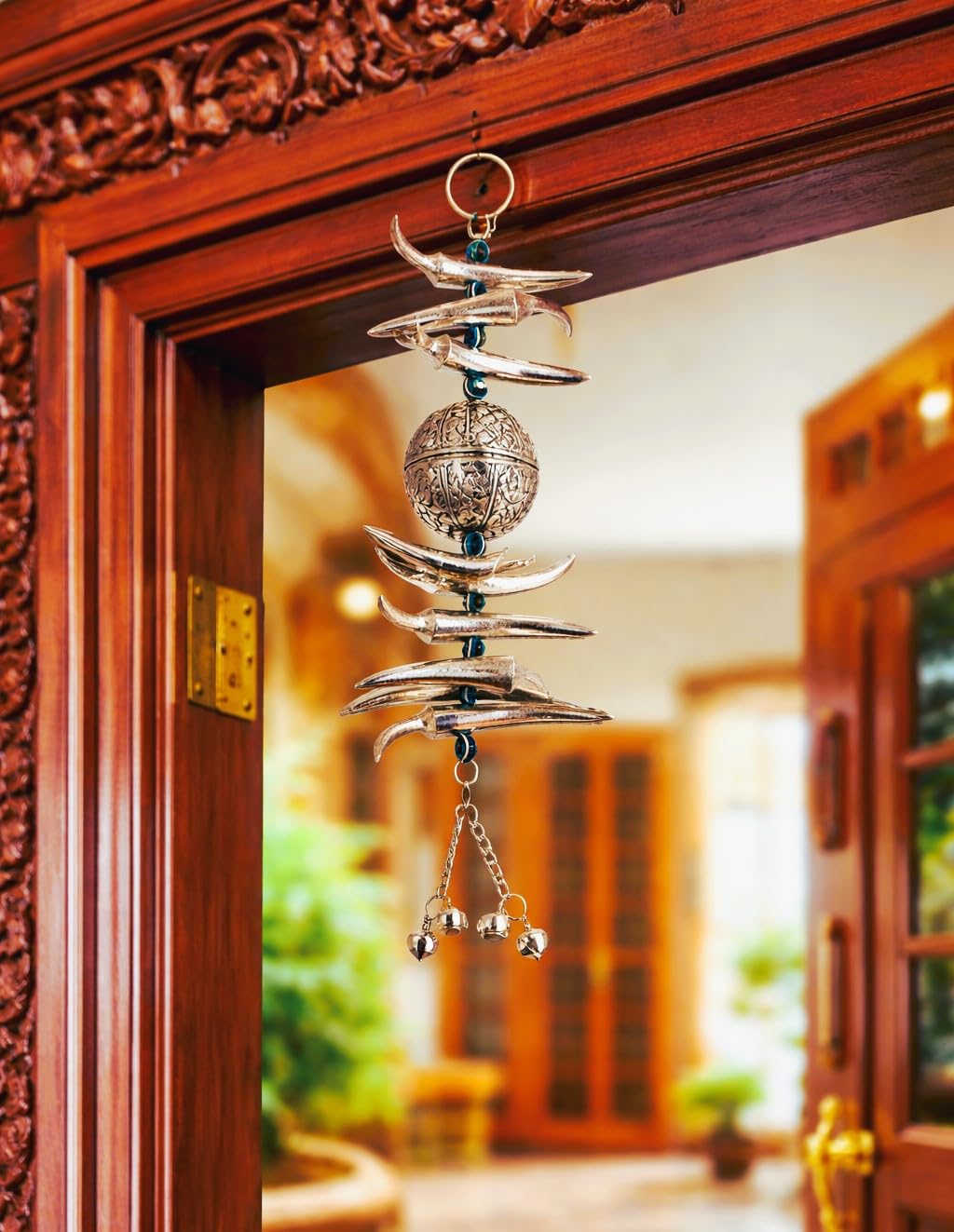 Decorative Wind Chime with Silver Lemon Chilli Charms, Evil Eye Beads and Engraved Ball, 26 cm-image-9