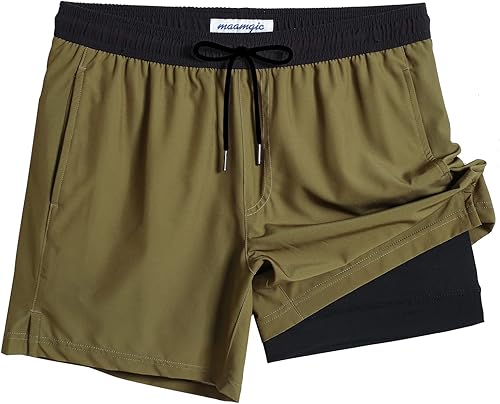 maamgic Traje de baño para hombre de 5 pulgadas con forro de compresión 2 en 1, pantalones cortos de natación elásticos de secado rápido con
