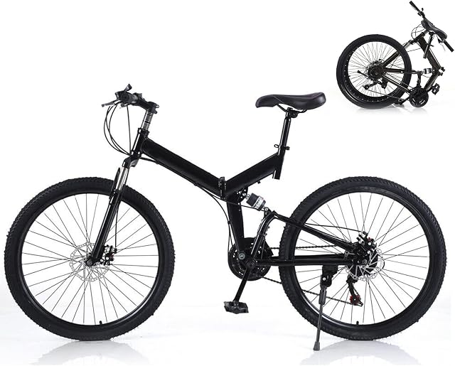 Futchoy 26 Inch Folding Mountain Bike for Adults 21 Speed Mountain Trail Bike with Dual Disc Brakes Foldable Mountain Bike High-carbon Steel Frame Full Suspension Folding Bike (Black)