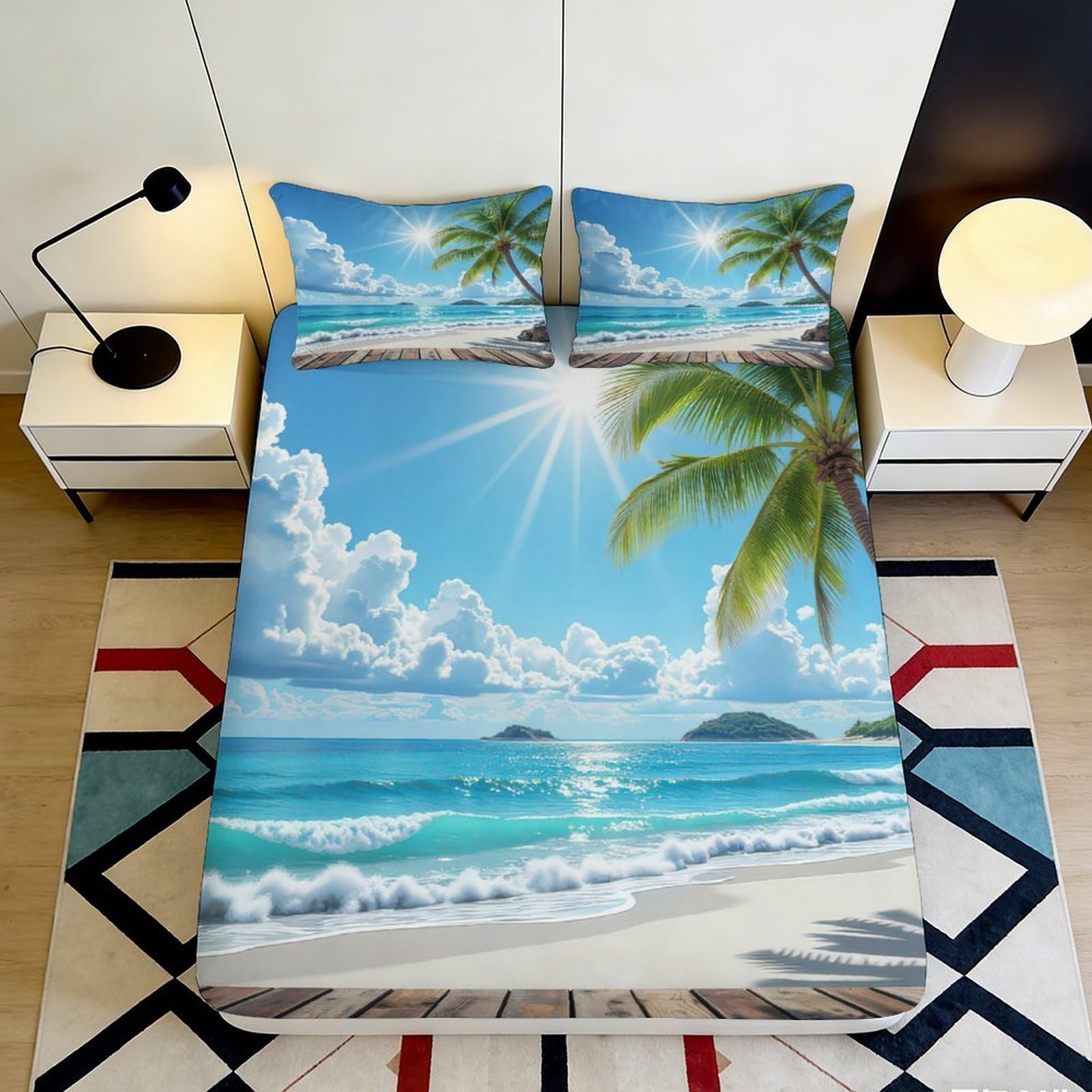 Dhbaneiok Style-9 3D Printed Tropical Beach Fitted Sheet Microfiber Soft Blue Ocean Palm Sea View Mattress Cover Bedroom Decor 90X200x25cm