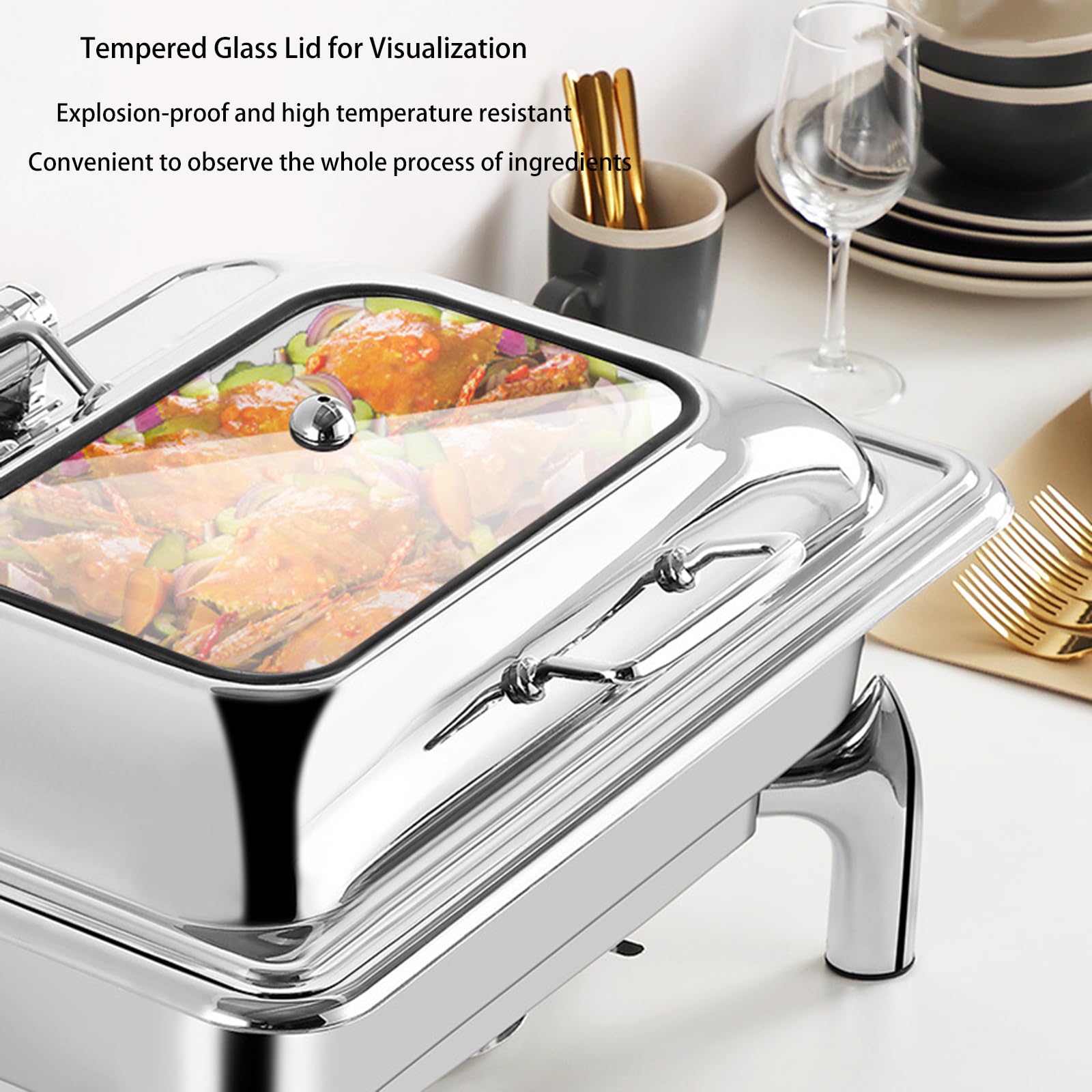 Ensemble de plats rectangulaires en acier inoxydable de 10 L avec couvercle en verre pour banquet traiteur