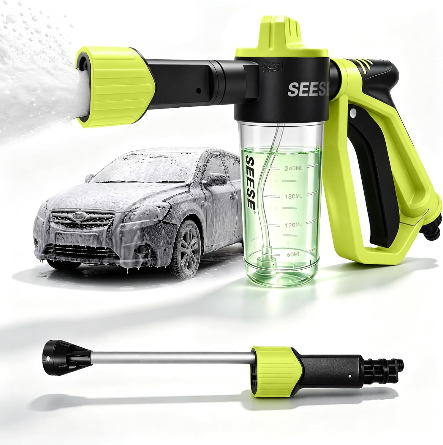 SEESE Car Wash Foam Gun: Foam Cannon for Garden Hose with High Pressure Nozzle & 3 Spray Modes - Suitable for Washing Cars, Trucks, SUVs, Motorcycles, RVs