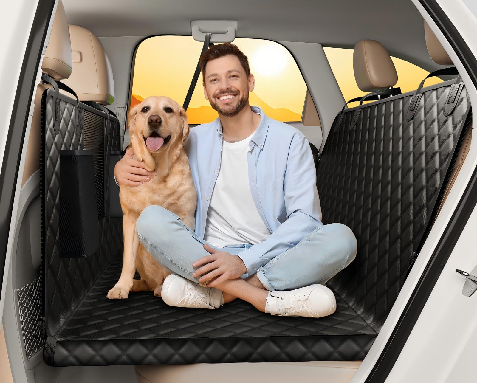 Dog Car Cover with Hard Base – Universal Car Protector for Dogs for Back Seat – Waterproof and Scratch Resistant – Compatible with Children's Seat Installation