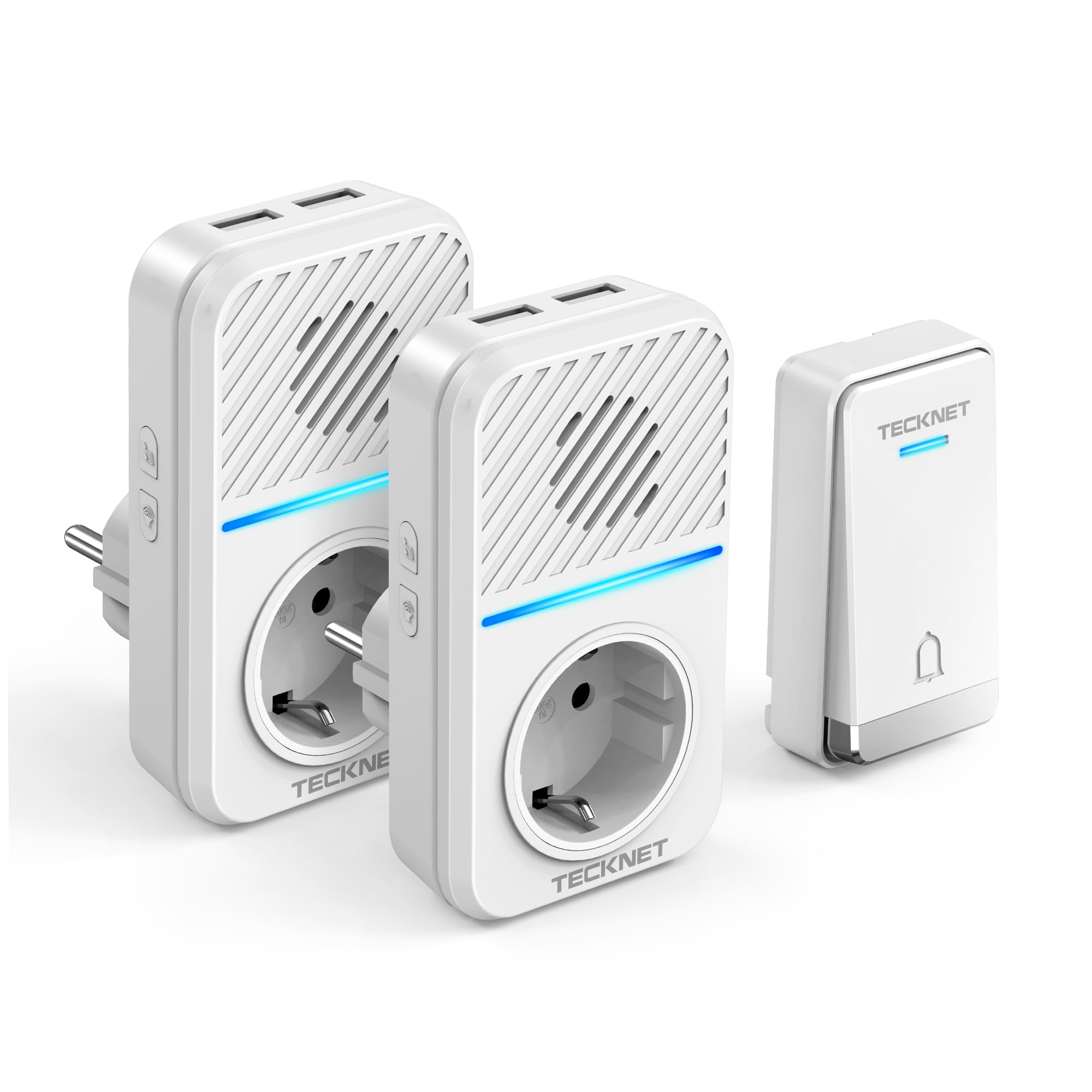 TECKNET Campanello senza fili Kit, 400 m Campanello con 2 ricevitori | 5 Livelli Volume della Porta Senza Fili Autoalimentata con 60 Melodie, IP65 Kit Campanello con Tomas USB Externas y Luz LED