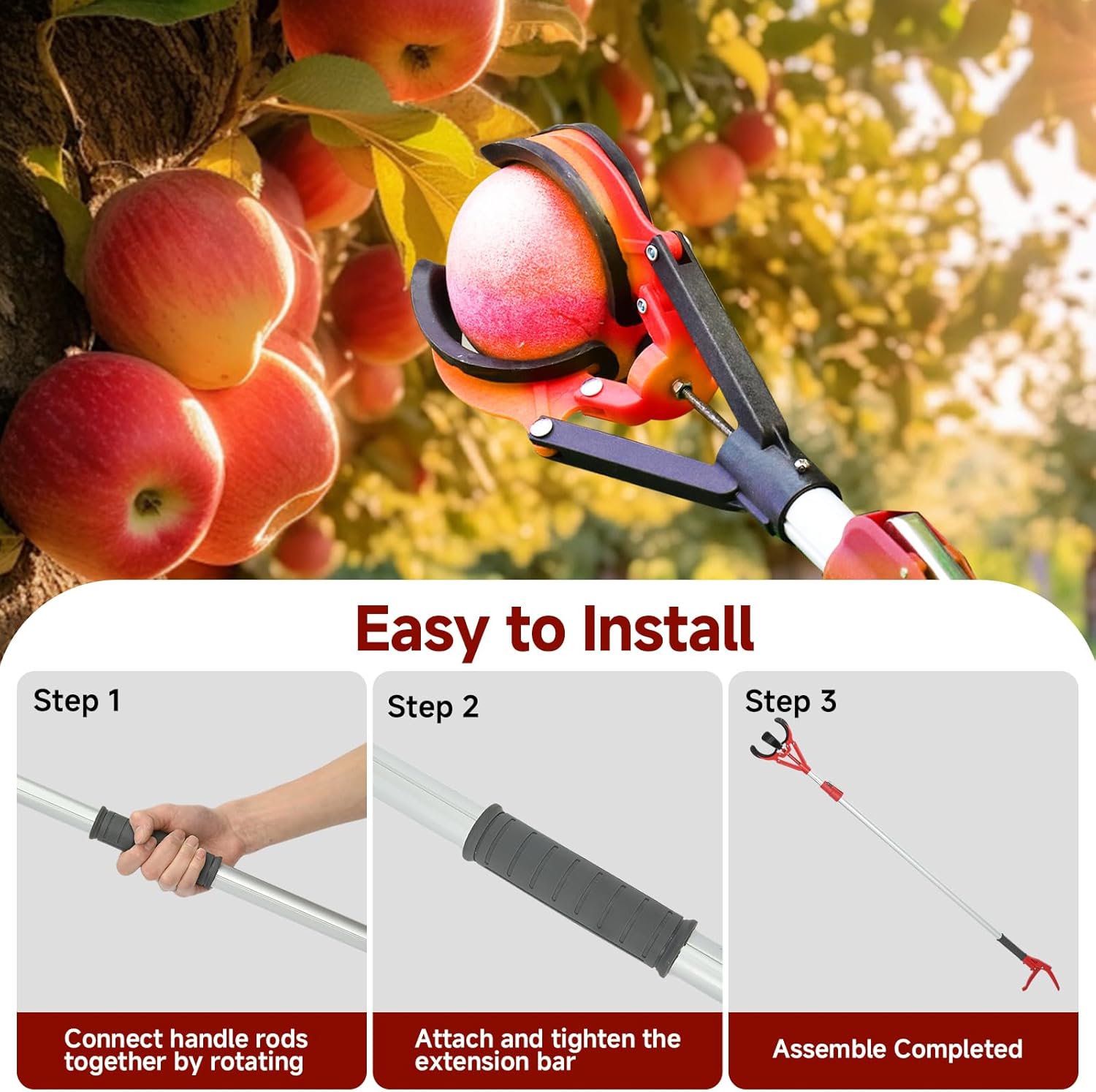 tonchean Fruit Picker Pole 51-91 Inch, Telescoping Apple Picker Tool with Triple Claw, Lightweight & Adjustable Long Reach Fruit Harvester for Oranges, Mango, Avocado, Persimmon
