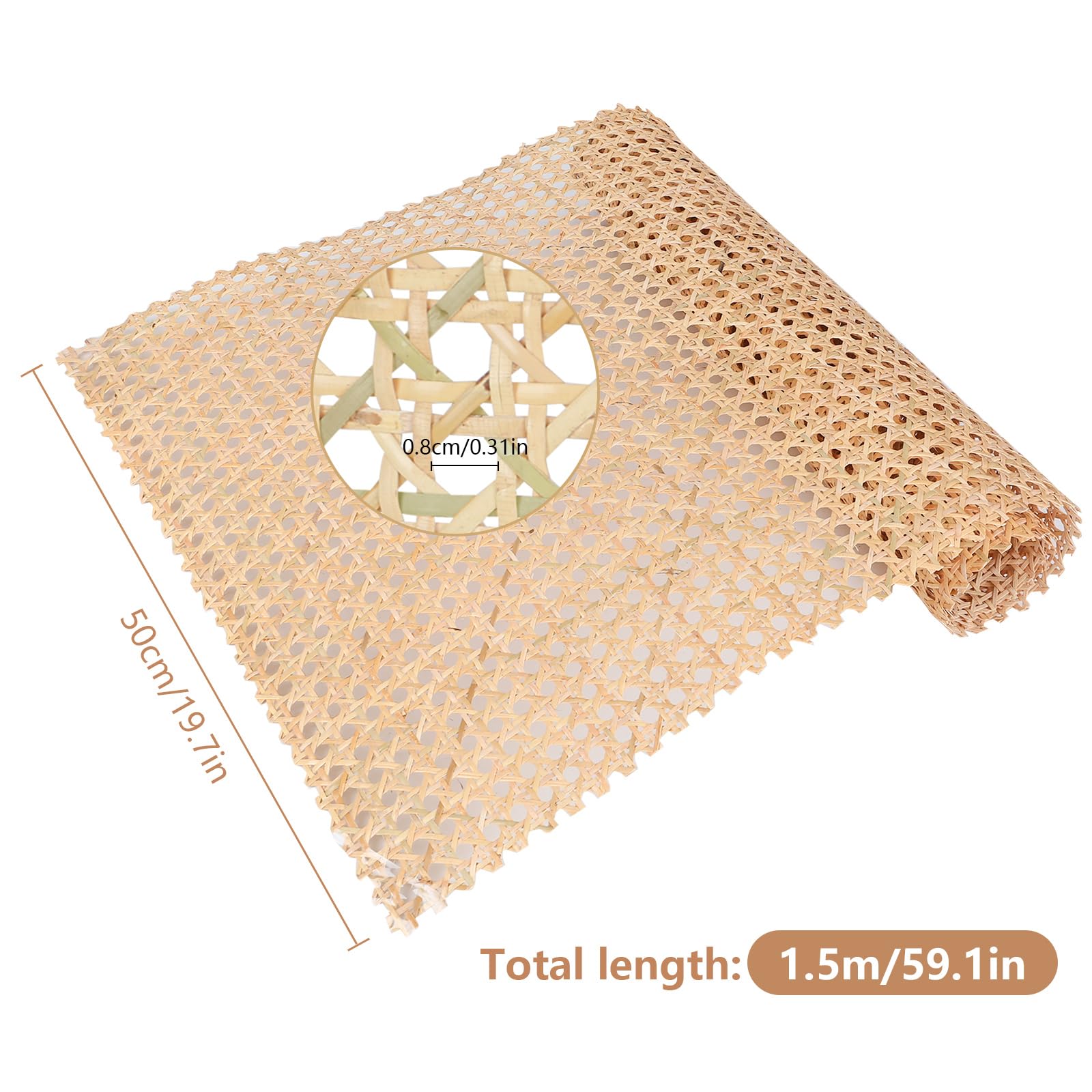 Rollo de cinta de ratán natural, tejido de nido de abeja, para muebles y decoración del hogar + guantes (150 x 50 cm, color natural)