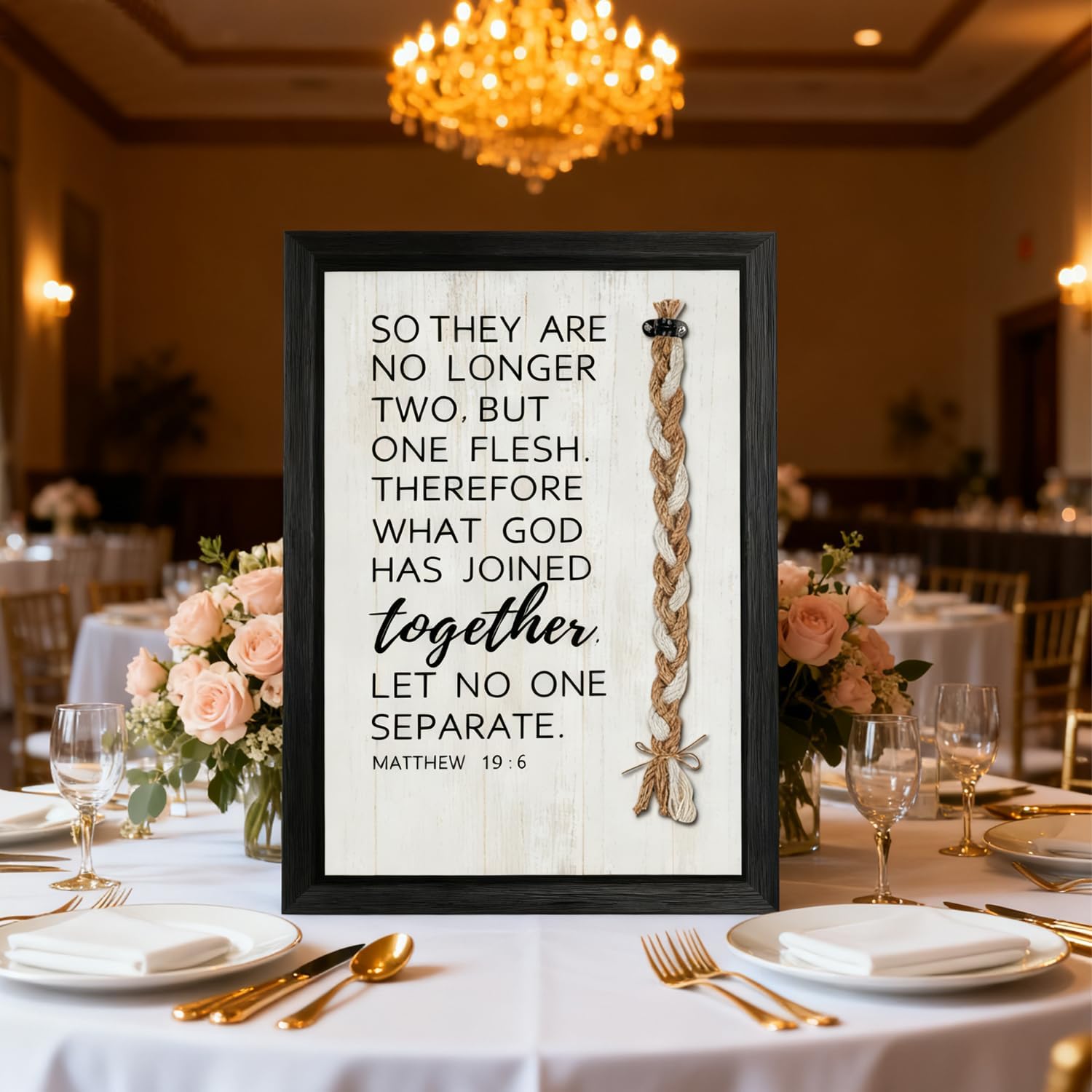 Christian Wedding Sign 10"x15" Cord of Three Strands Unity Ceremony Decor Matthew 19:6 Scripture Wall Art Wooden Farmhouse Wedding Table Decor Christian Wedding Gift for Couple or Anniversary Black