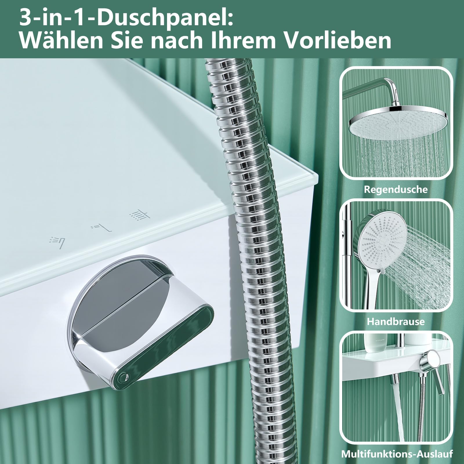 Duschsystem ohne Thermostat mit 26 cm runder Regendusche & Handbrause Duscharmatur Komplettset Höhenverstellbar mit Sicherheitsglas-Ablage & multifunktionalem Schwenkauslauf