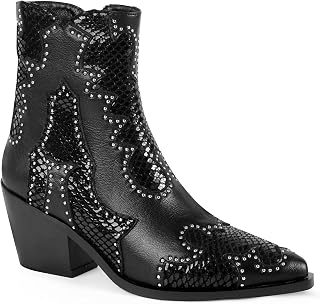 Women's Ankle Cowboy Boots Rivet Studded Cowgirl Boots Western Booties Ladies Rivet Studded Low Chunky Heel Almond Toe Short Boots