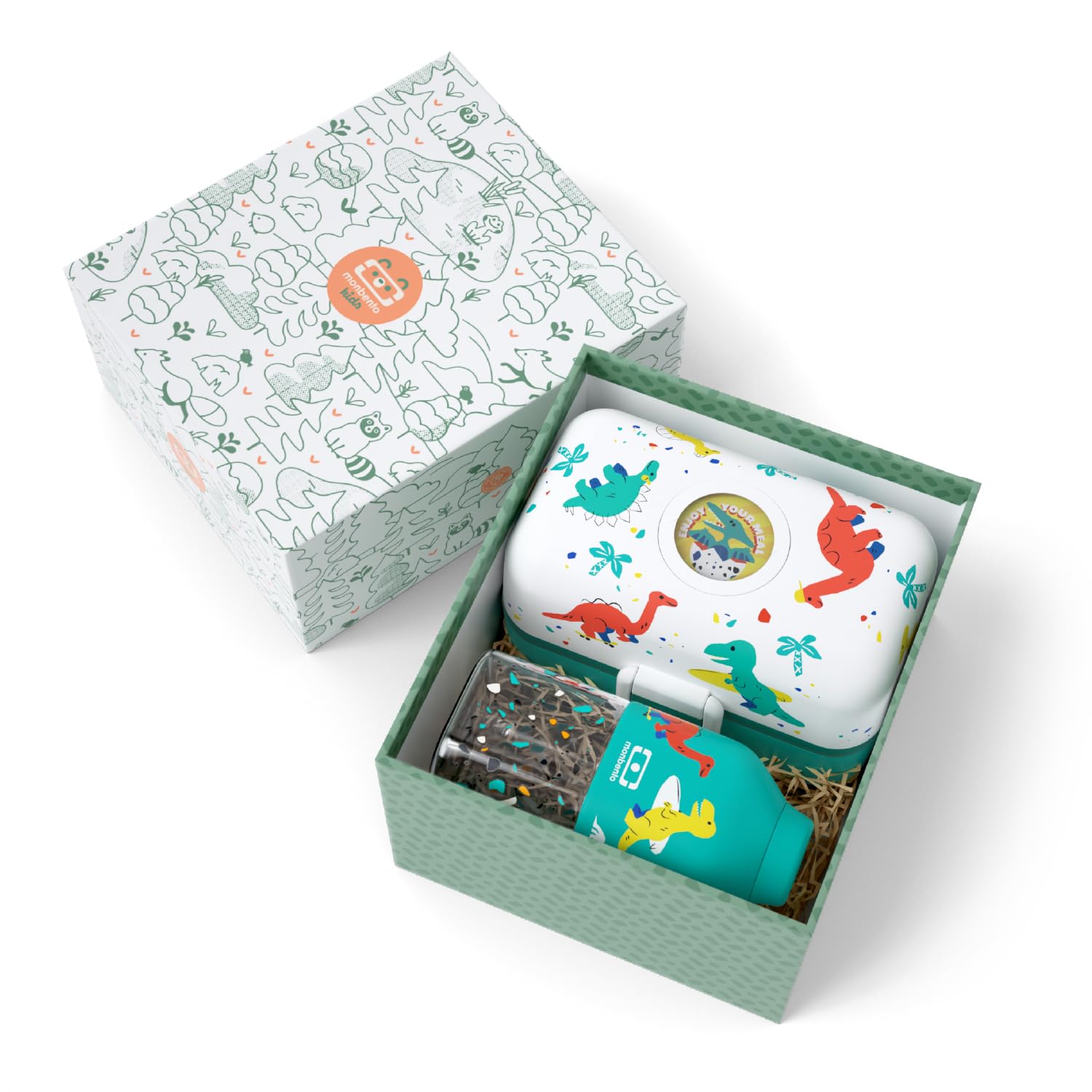 Monbento - Coffret Cadeau Enfant Tresor bleu Dino - Lunch Box Personnalisable 800 ml et Mini Gourde 330 ml Positive S - Idée Cadeau Parfaite pour Noël, Anniversaire - Dinosaures