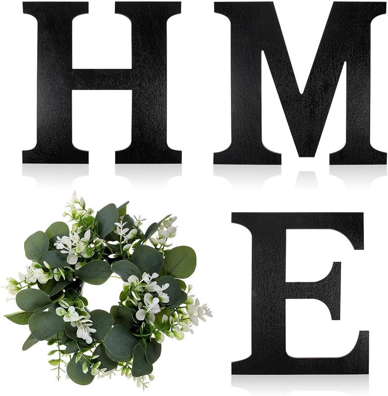 Letrero de madera para el hogar con corona de eucalipto artificial para O, cartel de pared de casa de campo, letras colgantes de madera rústica, decoración de pared decorativa para sala de estar, cocina, inauguración de la casa, regalos de pareja