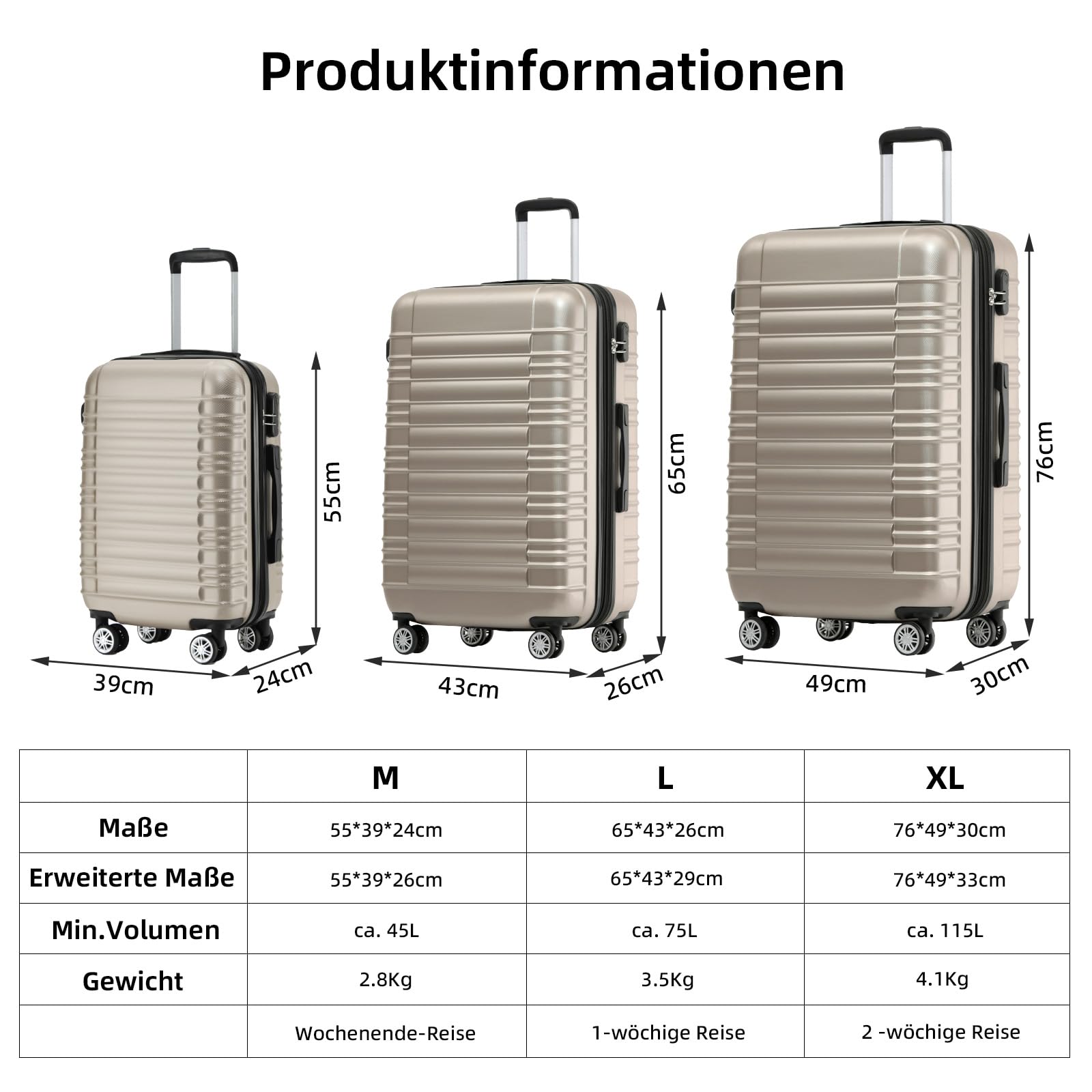 BEIBYE 2088 Zwillingsrollen Reisekoffer Hartschale Trolleys M-L-XL-Set Champagner