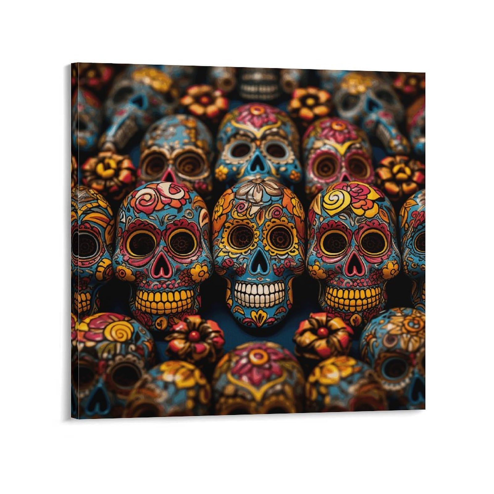 KLOPH Colorful Sugar Skulls Canvas Wall Art for Living Room 12x12inch Modern Artwork Painting for Bathroom Hanging Canvas Prints Aesthetic Wallart for Bedroom Kitchen Office Wall Decor