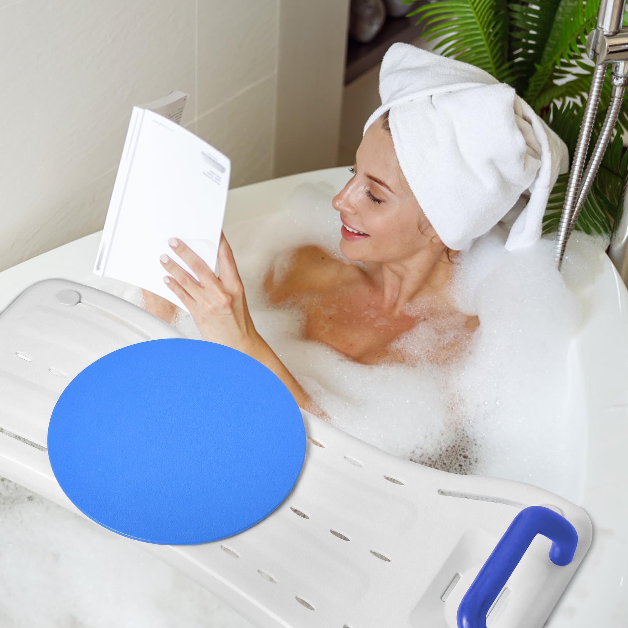 Froadp Siège de bain 75,5 x 34 x 10 cm avec poignée bleue et plaque tournante - Planche de bain pour s'asseoir en polypropylène - Pour adultes, personnes âgées, femmes enceintes - Distance réglable de
