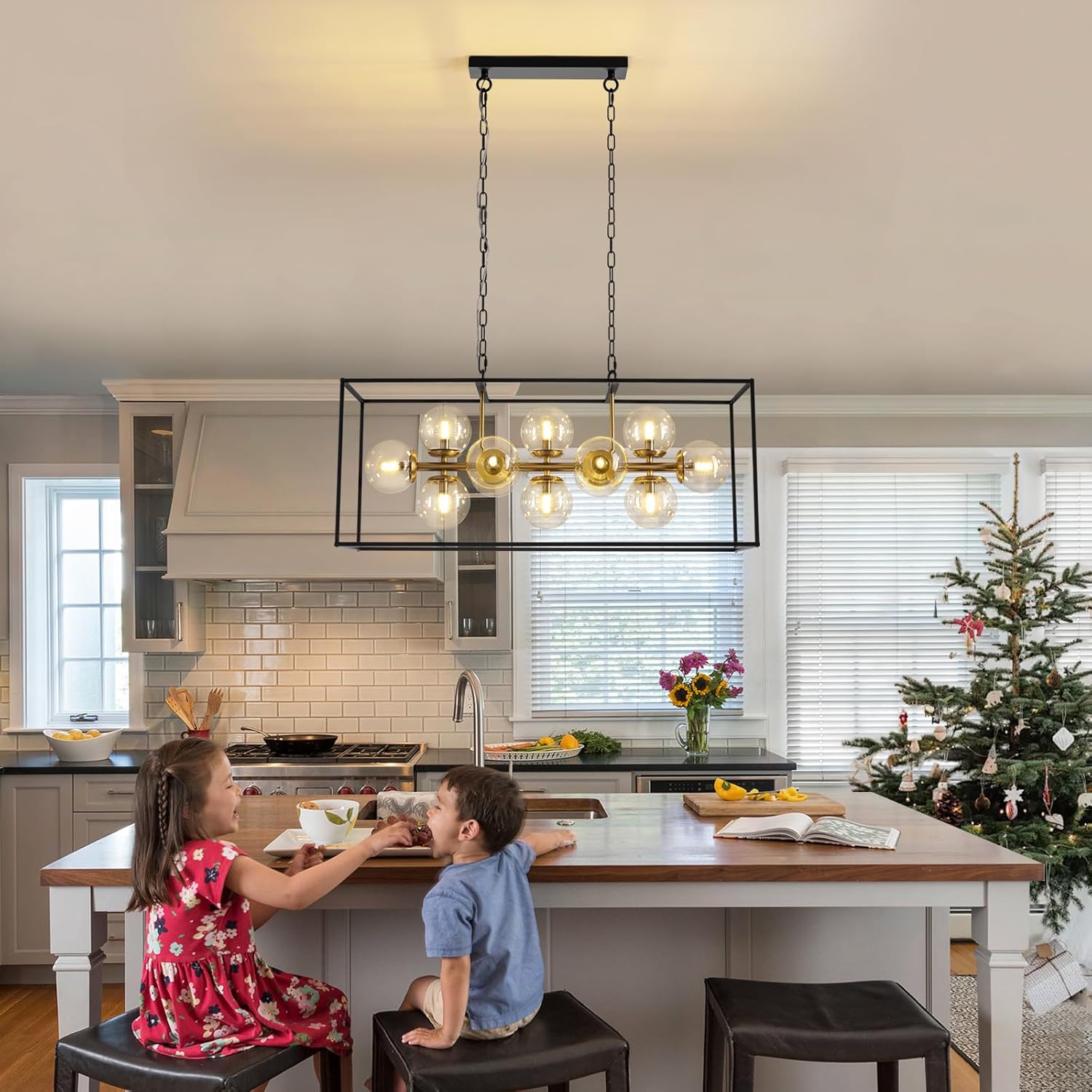 Siljoy 12 Lights Modern Bubble Chandelier Black Gold Rectangle Mid Century Sputnik Chandelier with Clear Glass Globe Farmhouse Pendant Ceiling Light for Dining Room Kitchen Island L38''
