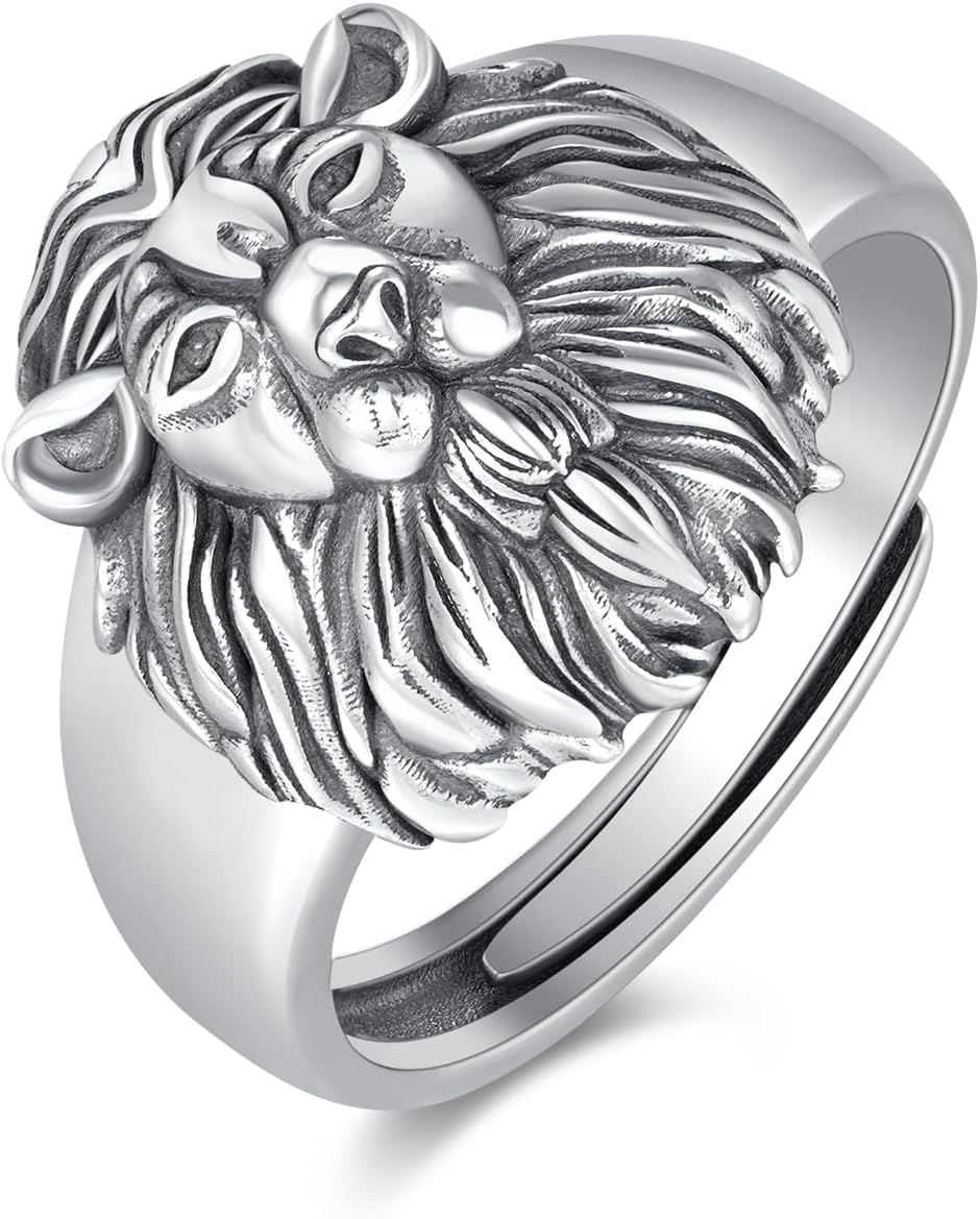 Cuoka Norse Viking Lion Ring S925 Sterling Silver Statement Finger Bands Vintage Gothic Lion Head Animal Rings ewelry Gifts For Men Women Engagement Wedding Anniversary Father’s Day Gift
