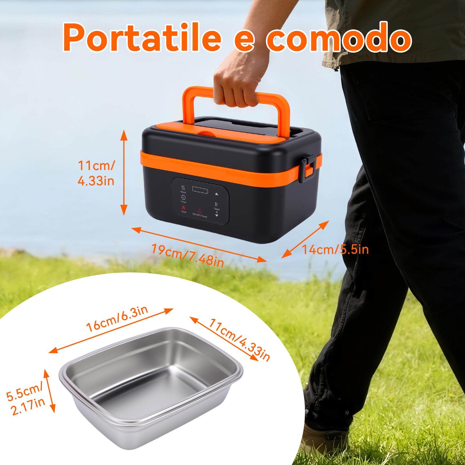 Scaldavivande Elettrico Portatile, 1L Porta Pranzo Riscaldabile con stoviglie in acciaio inossidabile e borsa isotermica, ricaricabile, Timer Per Ufficio Cantiere Viaggio