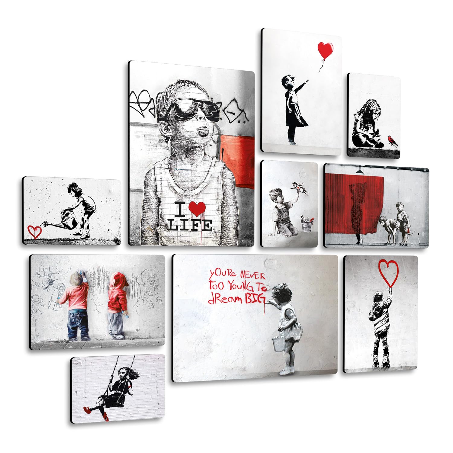 Giallobus - Conjunto de 10 pinturas de paneles múltiples - Banksy - Colección 2 - Madera de MDF - | 2 x 42x29,7cm | 4 x 29,7x21cm | 4 x 21x14,85cm | - Listo para colgar - Cuadros para el hogar