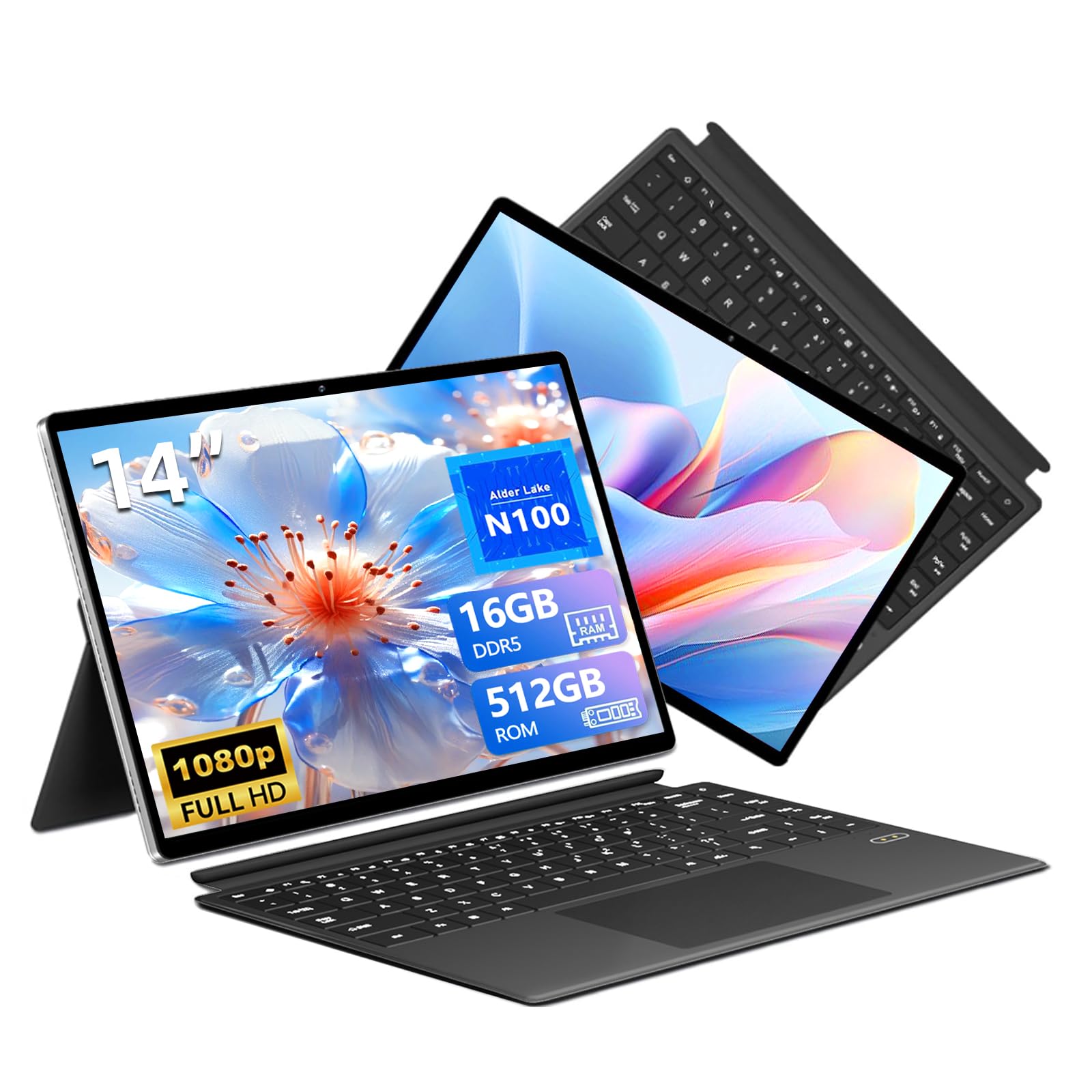 14 Pouces Ordinateur Portable 2 en 1, Tactil PC Portable N100 CPU jusqu'à 3,40 GHz, 16Go LPDDR5 512Go SSD Laptop, tablette est avec 1920x1200 FHD IPS WiFi 6+Type C+MiCrO HDMI+BT5.2, Clavier Amovible