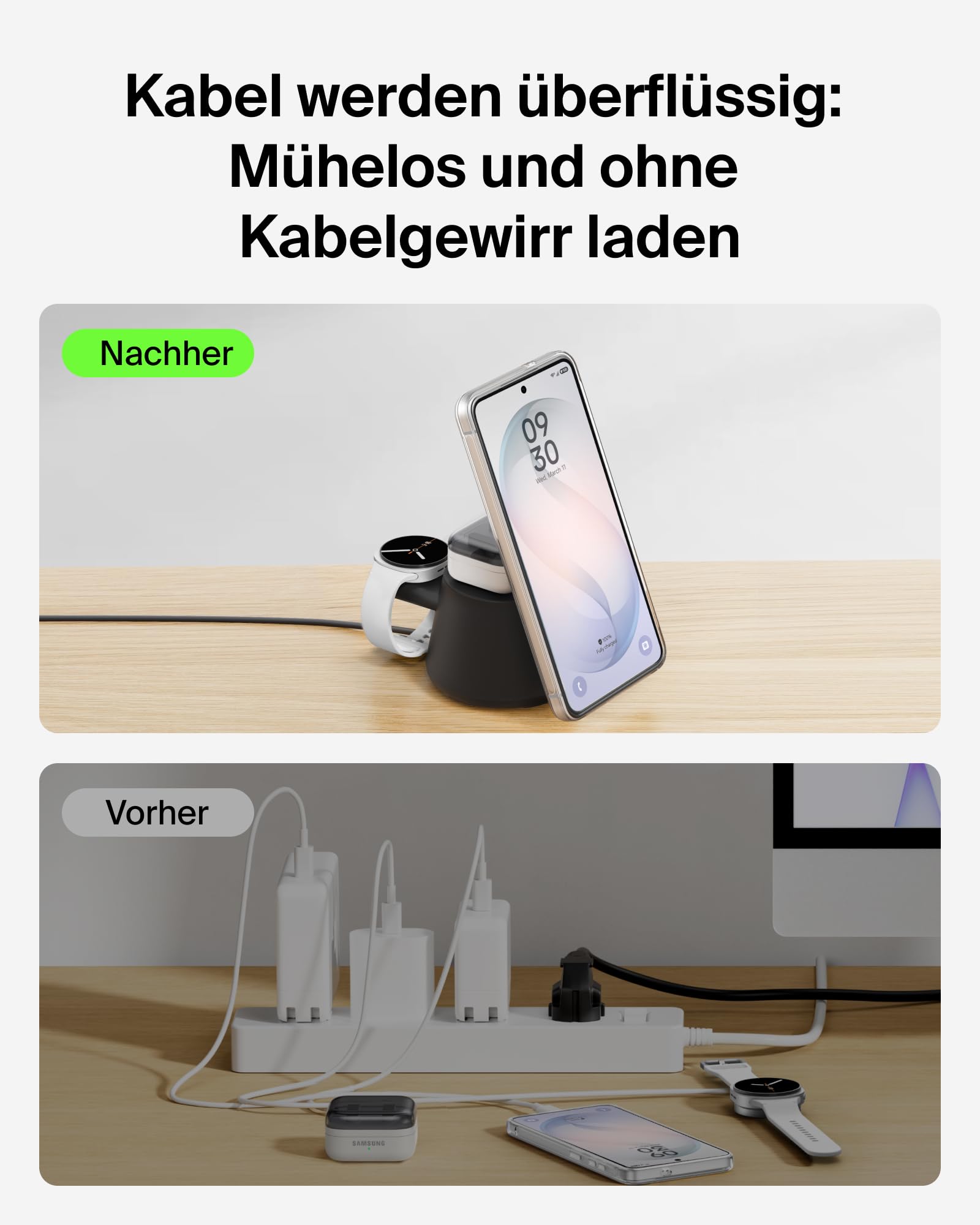 Belkin UltraCharge 3-in-1 Induktive Ladestation mit Qi2, 25W – Schwarz | Qi2.2-zertifiziert, Kabelloses Ladegerät mit USB-C-Port, Wireless Charger für iPhone, Galaxy, Kopfhörer; mit 45W Netzteil