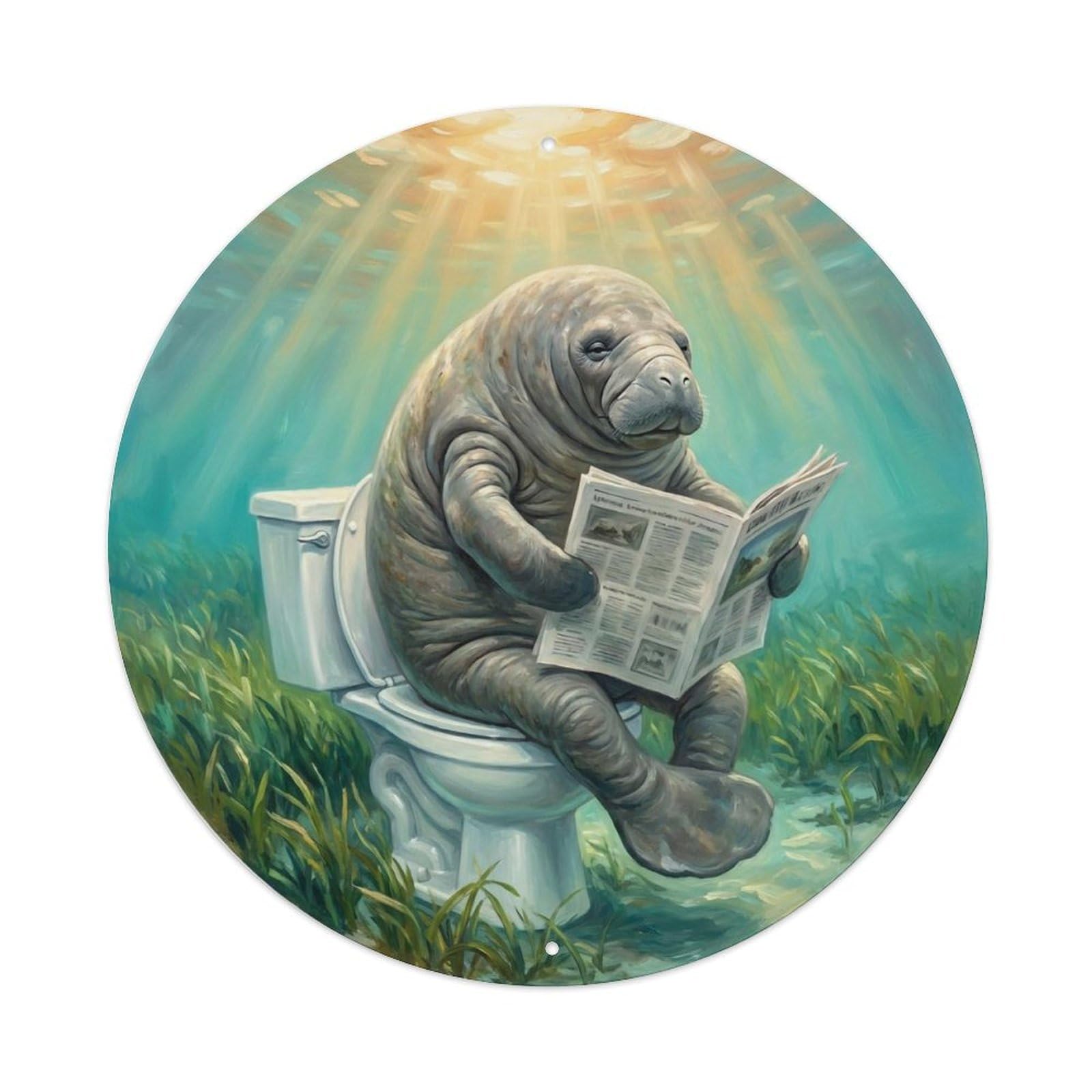Manatee On Toilet Humorous Bathroom Warm Springs Glow Metal Tin Sign