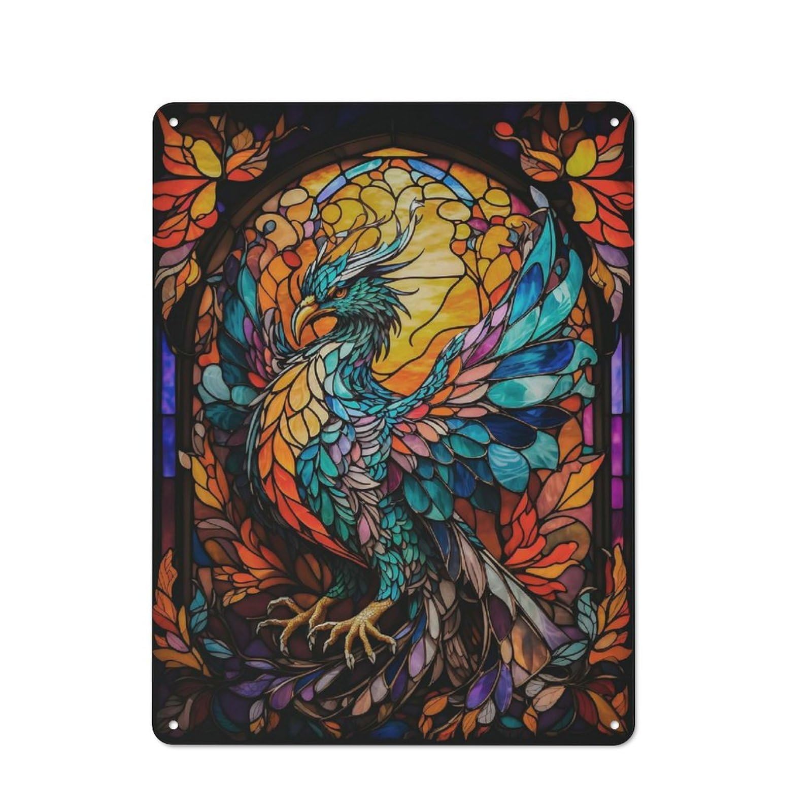 Junmoney Style-14 Metal Wall Sign 40X30cm Featuring Phoenix Stained Glass For Hallway Wall, Suited To Wall Display Collectors