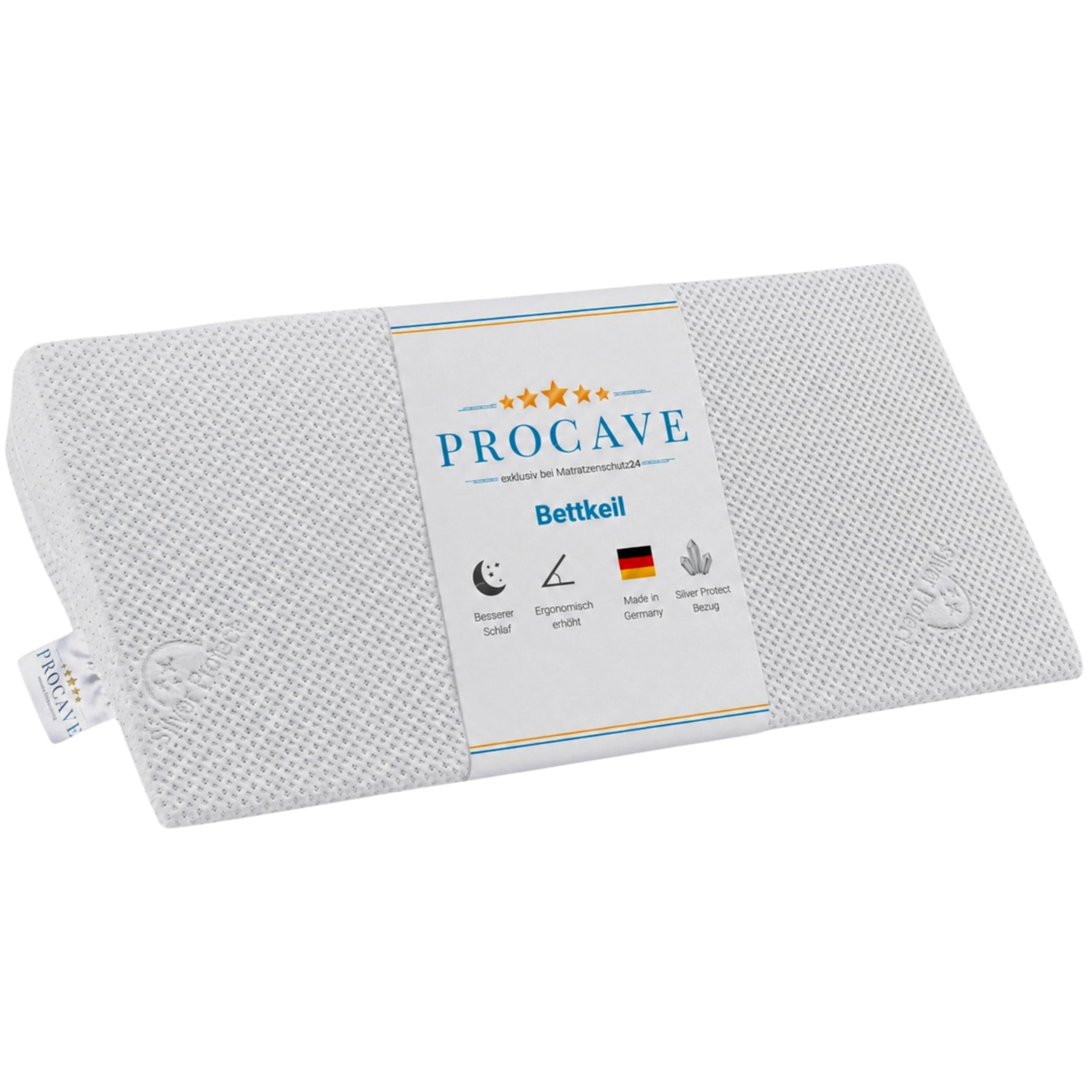 PROCAVE Bettkeil mit Bezug aus Silver Protect-Doppeltuch | Breite: 180 cm x T: 45 cm x H: 15/1 cm | Made in Germany | keilförmiges Schaumstoffkissen für Betten und Wasserbetten