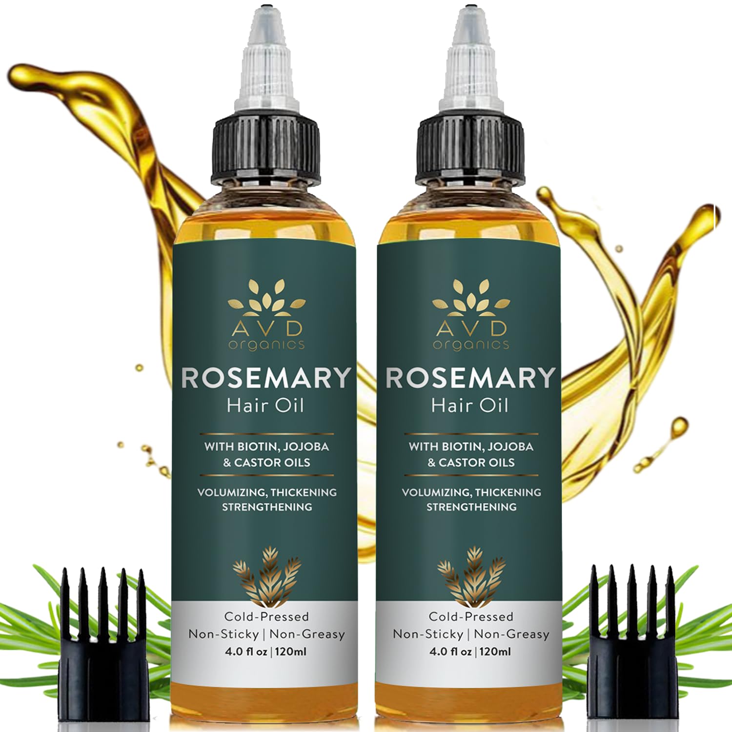 AVD Organics Rosemary Oil for Hair & Scalp (Pack of 2) | Huile pour Cheveux | Infused with Biotin, Jojoba & Castor Oil | Hair Strengthening, Nourishing & Volumizing | Non-GMO | 4.0 fl. oz Each - 120 ml (Pack of 2)