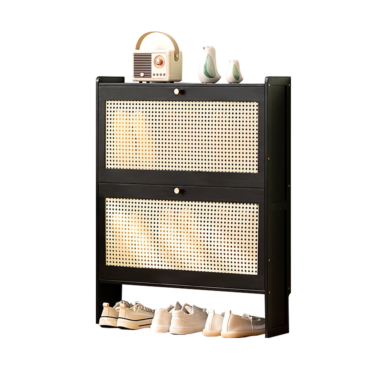 Générique Meuble à Chaussures Mince en Bambou, étagère de Rangement autoportante avec Portes en Maille de rotin, Grande capacité pour entrée et Couloir (Noir, 70 x 17 x 8