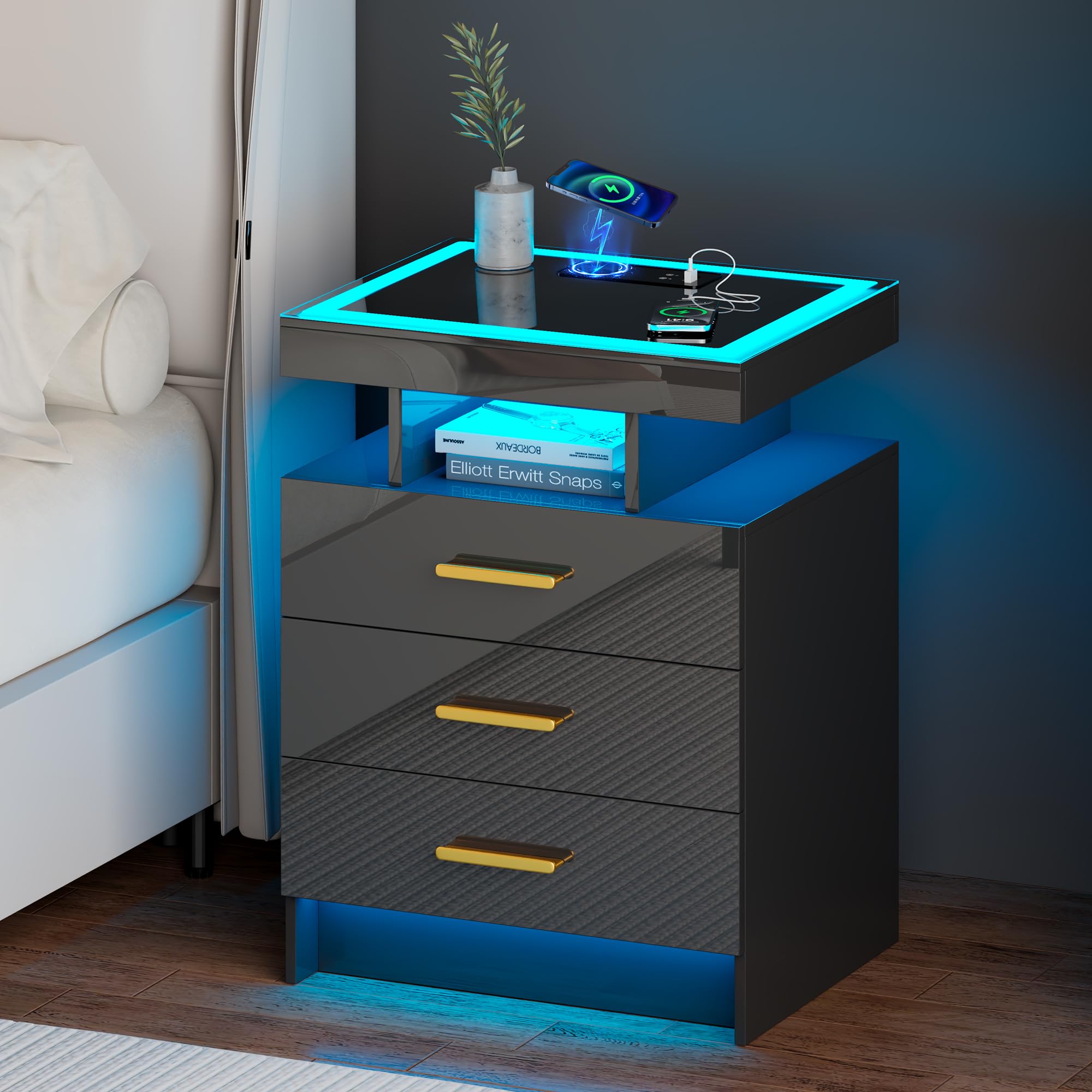 JDPAG LED Night Stand with Wireless Charging Station, Smart Nightstand with Glass Top 3 Drawers, 3 Color Dimmable Light High-Gloss Beside Table with