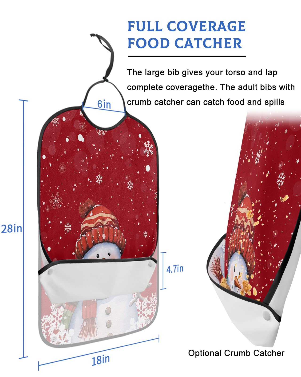 Christmas Snowman Adult Bib for Adults Men, Women, Washable & Adjustable Terry Cloth Bib with Crumb Catcher Reusable Waterproof Clothing Clothes Protector Apron Red Winter Snowflake Watercolor
