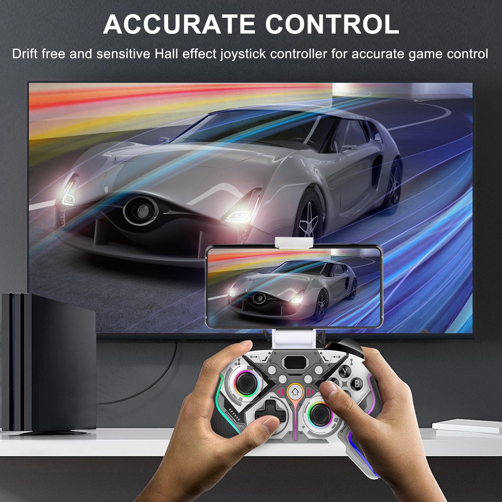 KUIDAMOS Controller da Gioco Wireless con Illuminazione RGB e Vibrazione a Doppio Motore per e PC - Batteria da 500 MAh e Pulsanti Rimappabili (Nera)