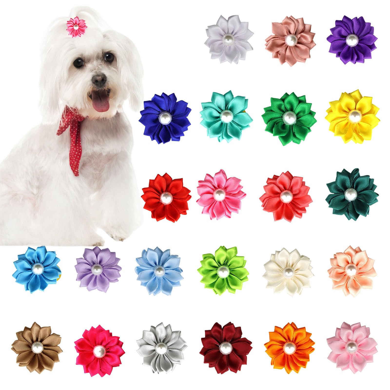 Dog Hair Bands, 23 Pcs Multicolor Flower Pearls Dog Hair Bows with Elastic Rubber Bands