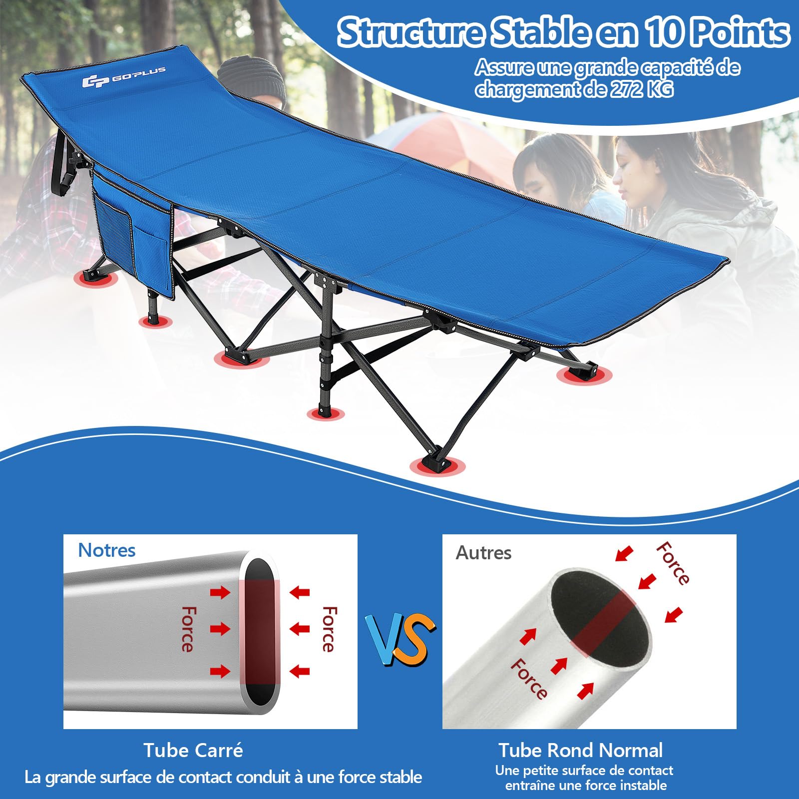 GOPLUS Lit de Camping Pliable 1 Personne avec Appuie-tête Incliné, lit de Voyage Portable avec Poche Latérale & Sac de Transport, Charge 272 KG, pour Camping, Randonnée, Pêche, 190X70X54 CM
